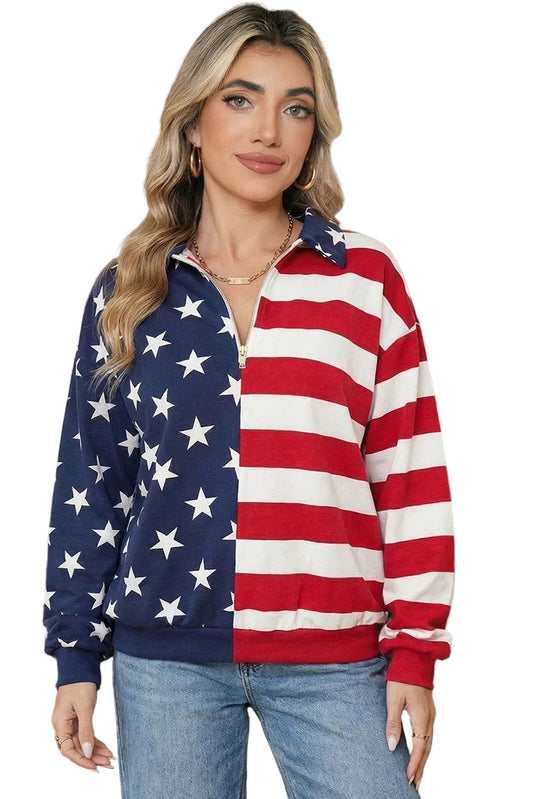 Flag Stripes American Zipped Collar Oversized Sweatshirt