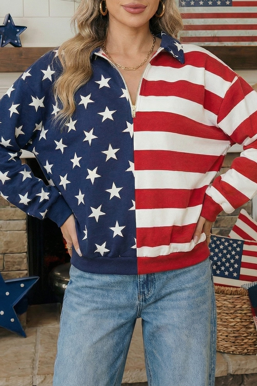 Flag Stripes American Zipped Collar Oversized Sweatshirt