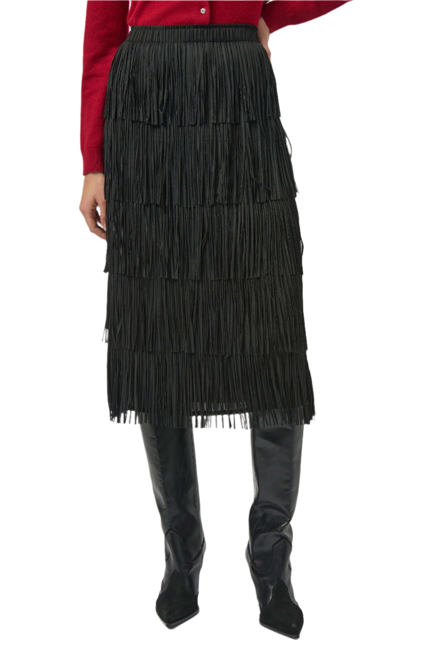 Pleated Pencil Skirt with Tiered Fringes