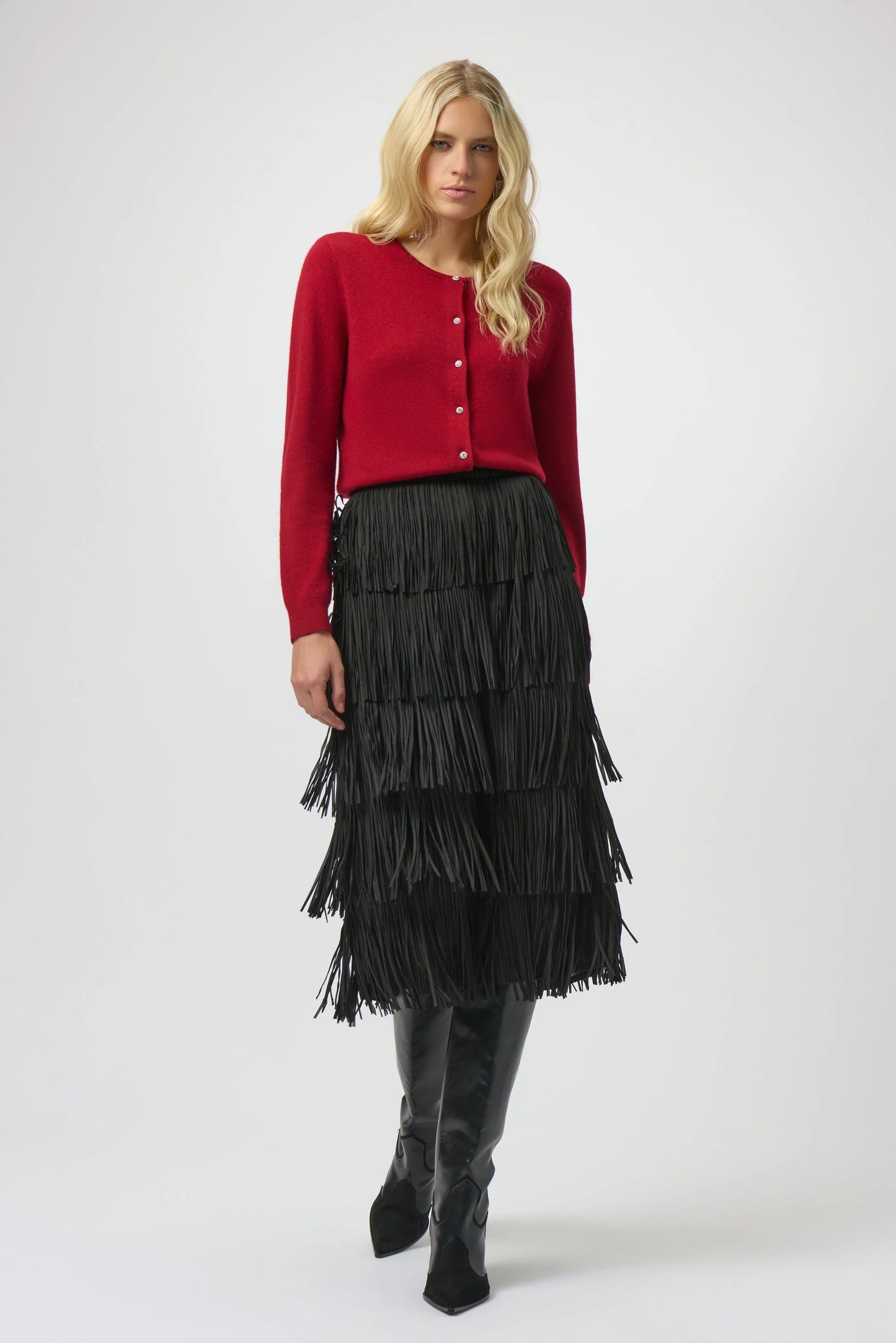 Pleated Pencil Skirt with Tiered Fringes