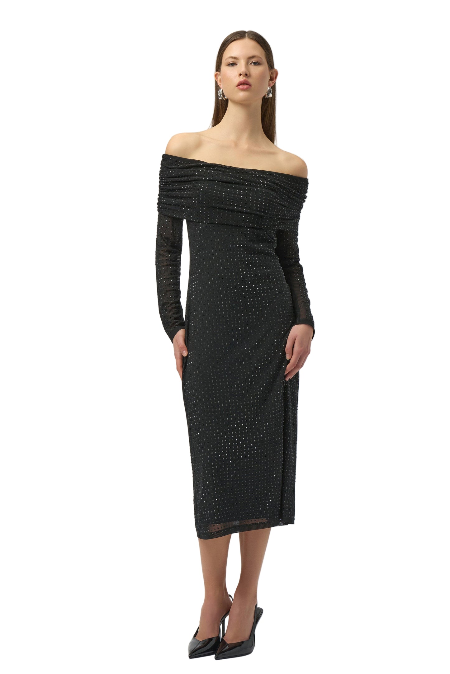 Rhinestone Mesh Off-Shoulder Midi Dress