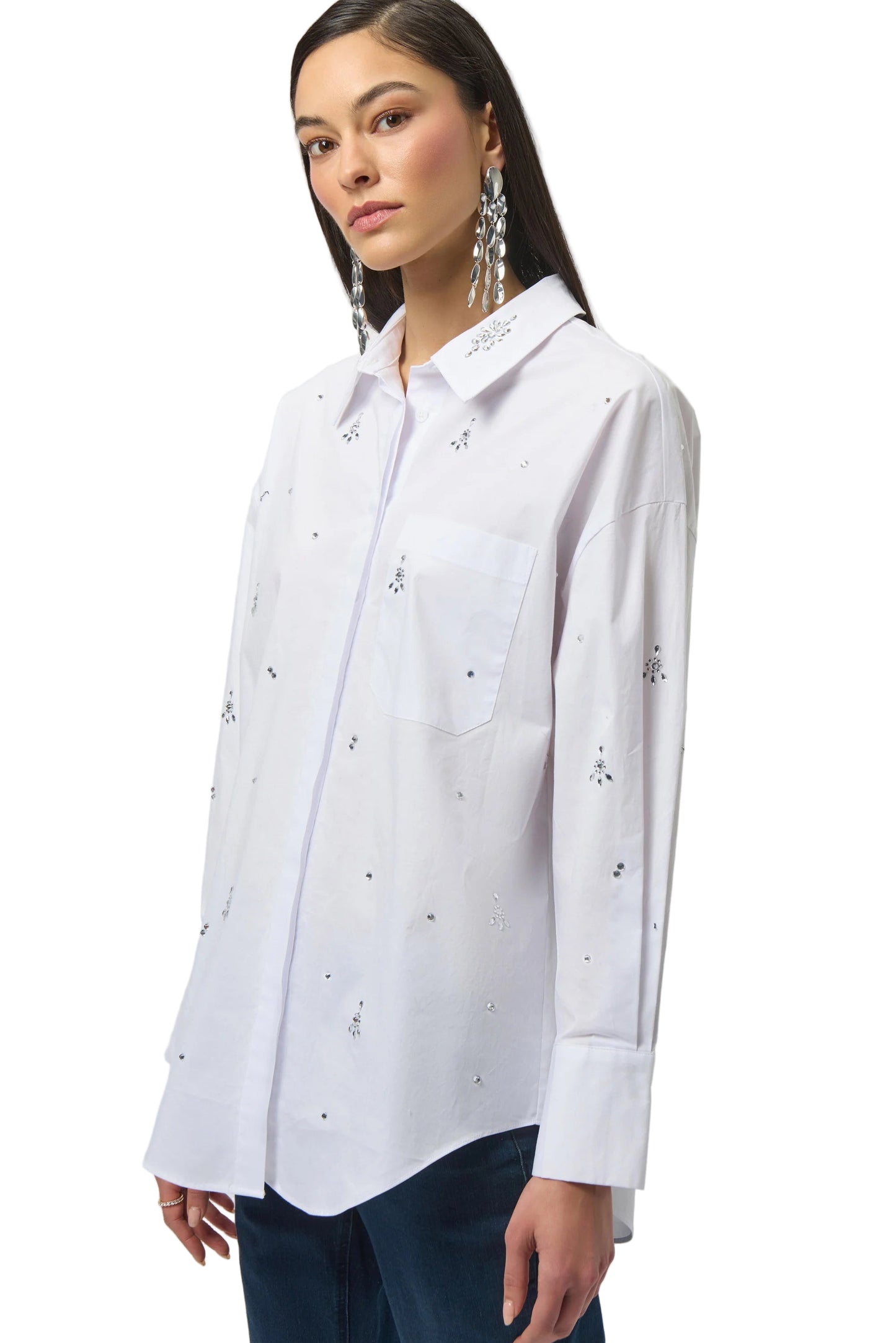 Stretch Poplin Boxy Blouse with Rhinestones