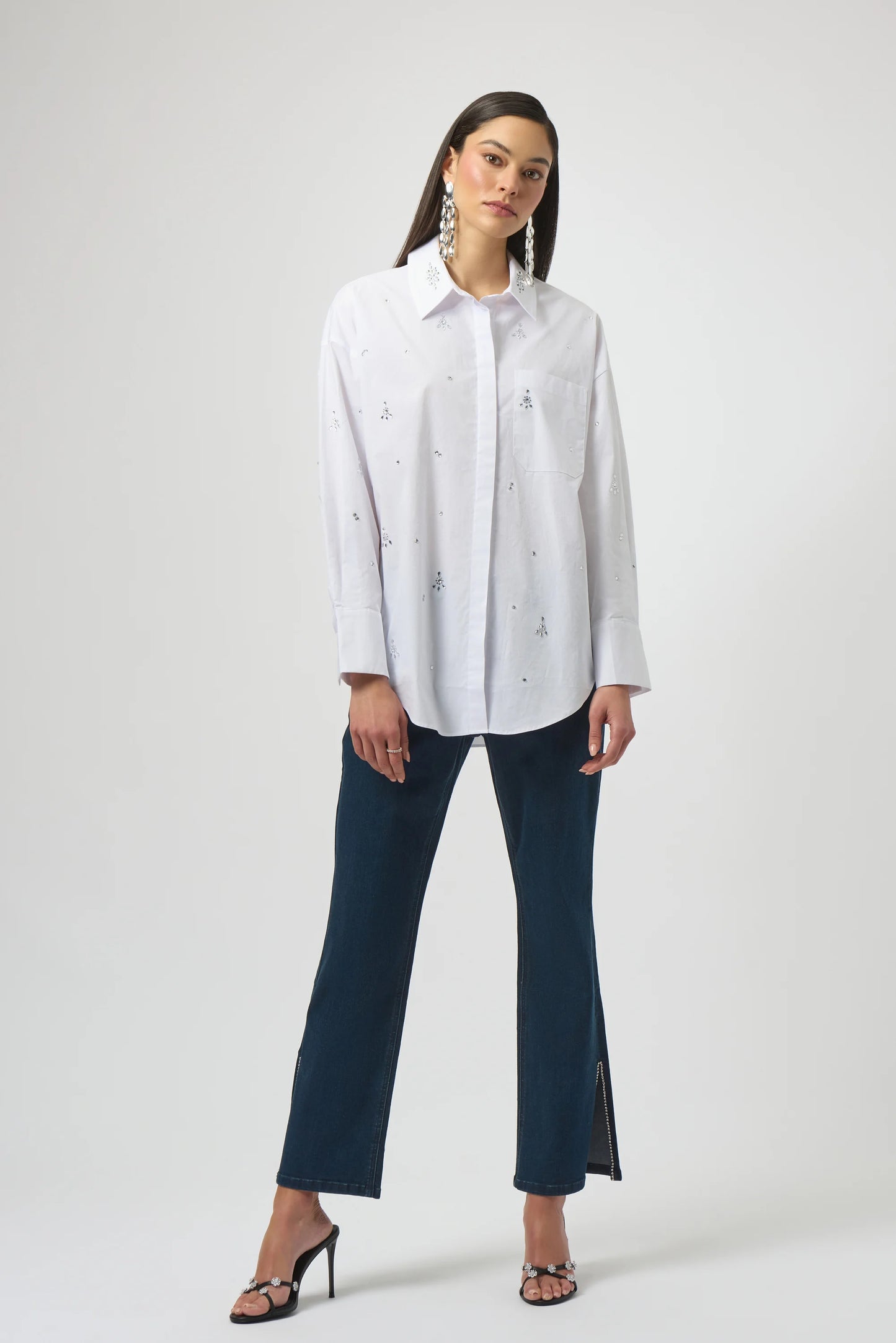 Stretch Poplin Boxy Blouse with Rhinestones