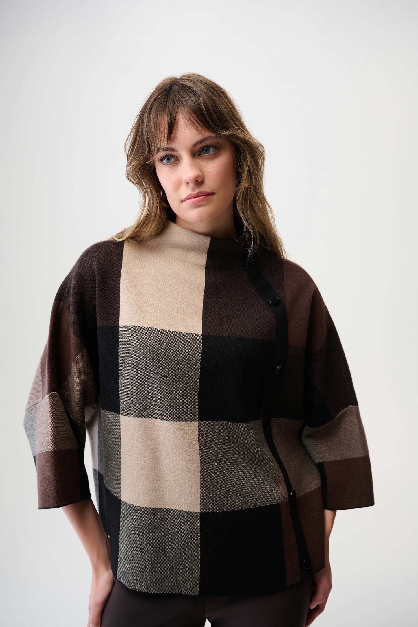 Brushed Viscose Plaid Print Boxy Sweater with Funnel Neck