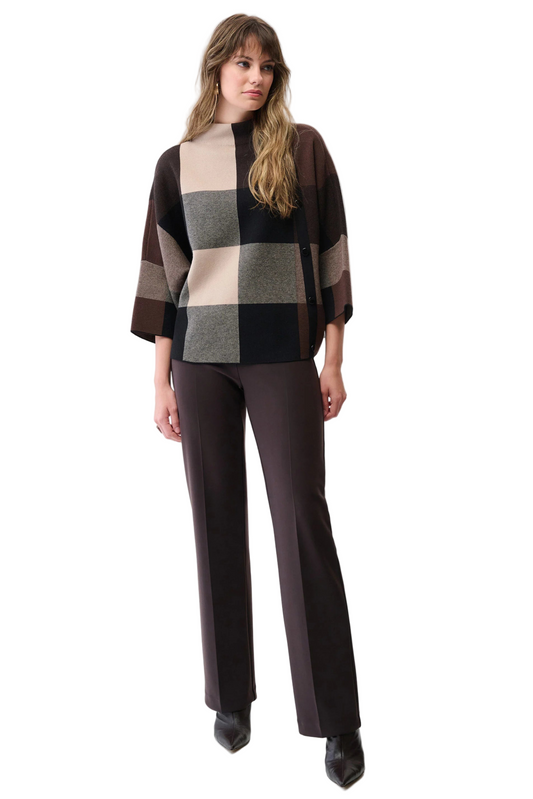 Brushed Viscose Plaid Print Boxy Sweater with Funnel Neck