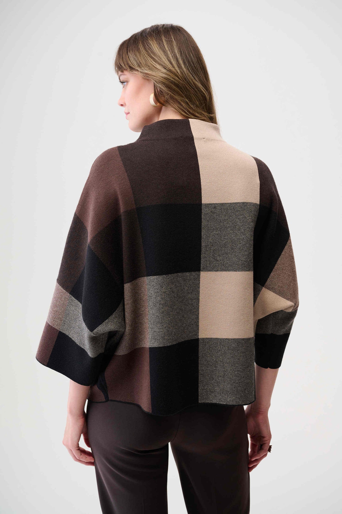 Brushed Viscose Plaid Print Boxy Sweater with Funnel Neck