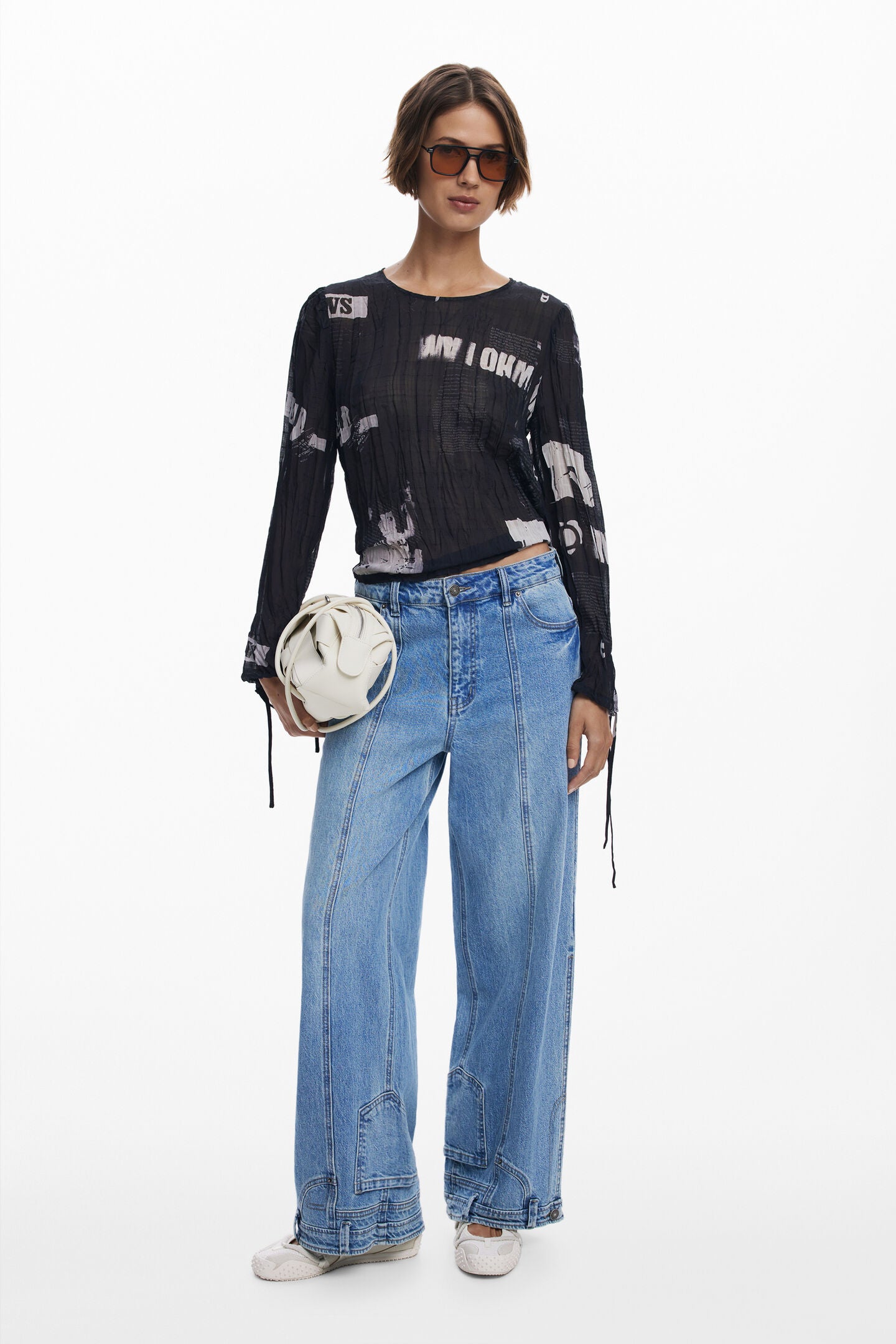 L/S Round Neck Blouse Newspaper Clipping Print