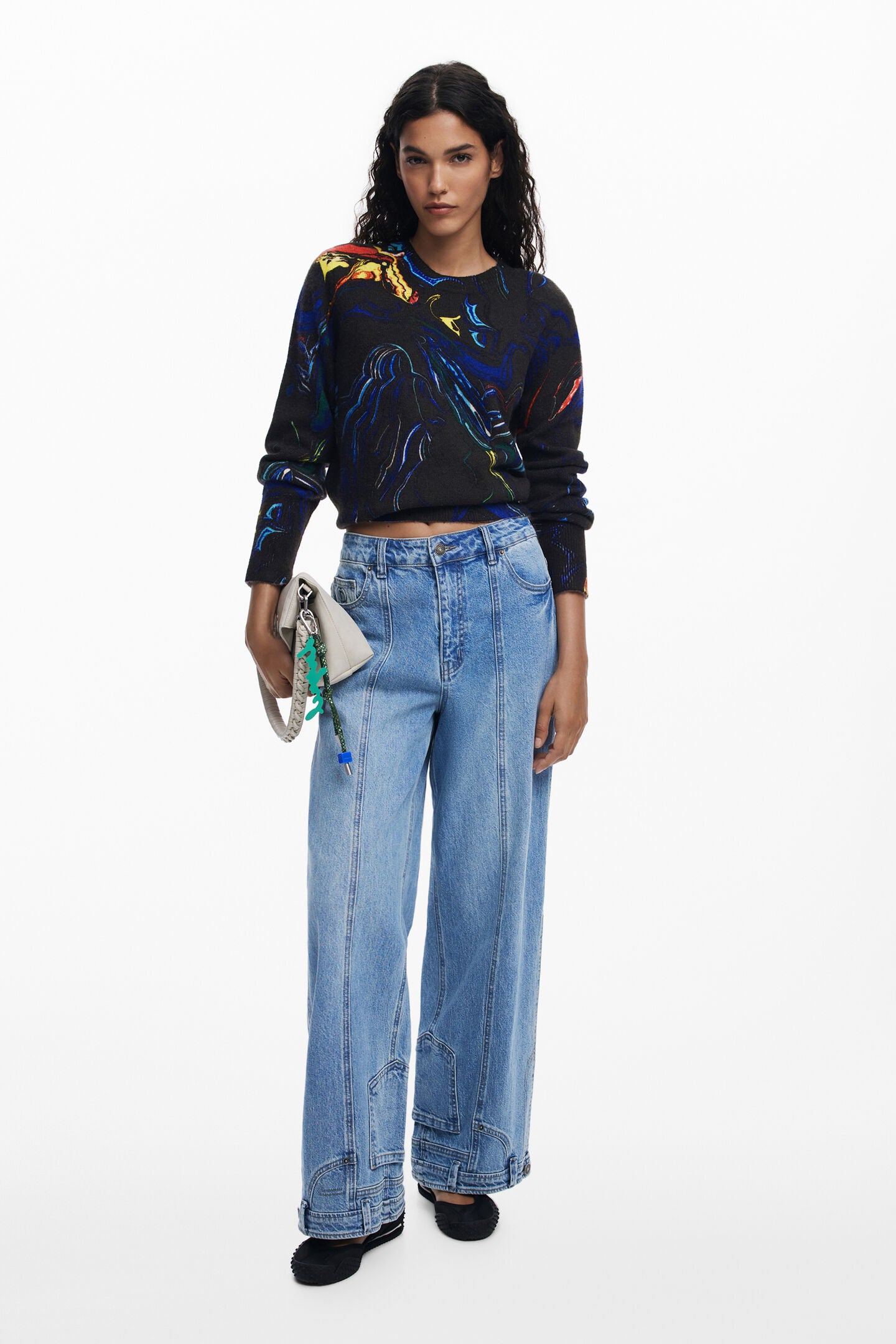 L/S Round Neck Sweater with Marble Effect Print