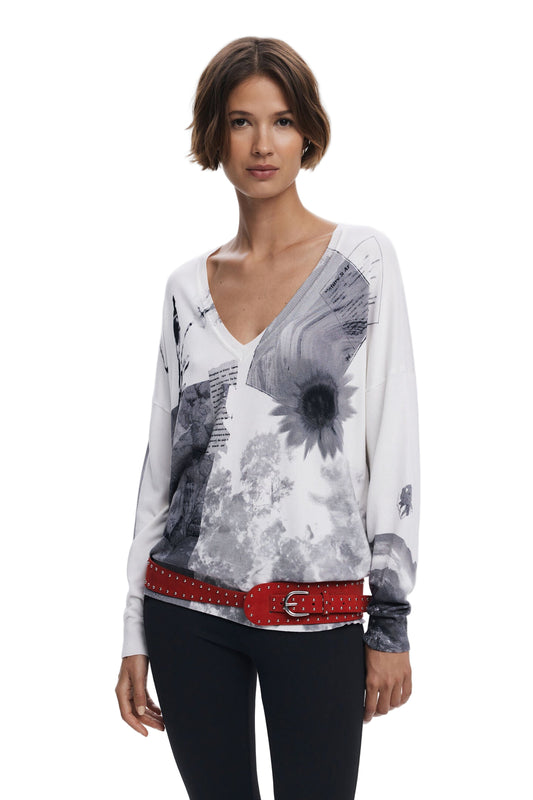 Relaxed Fit V-Neck Sweater with Photo Collage Style Print