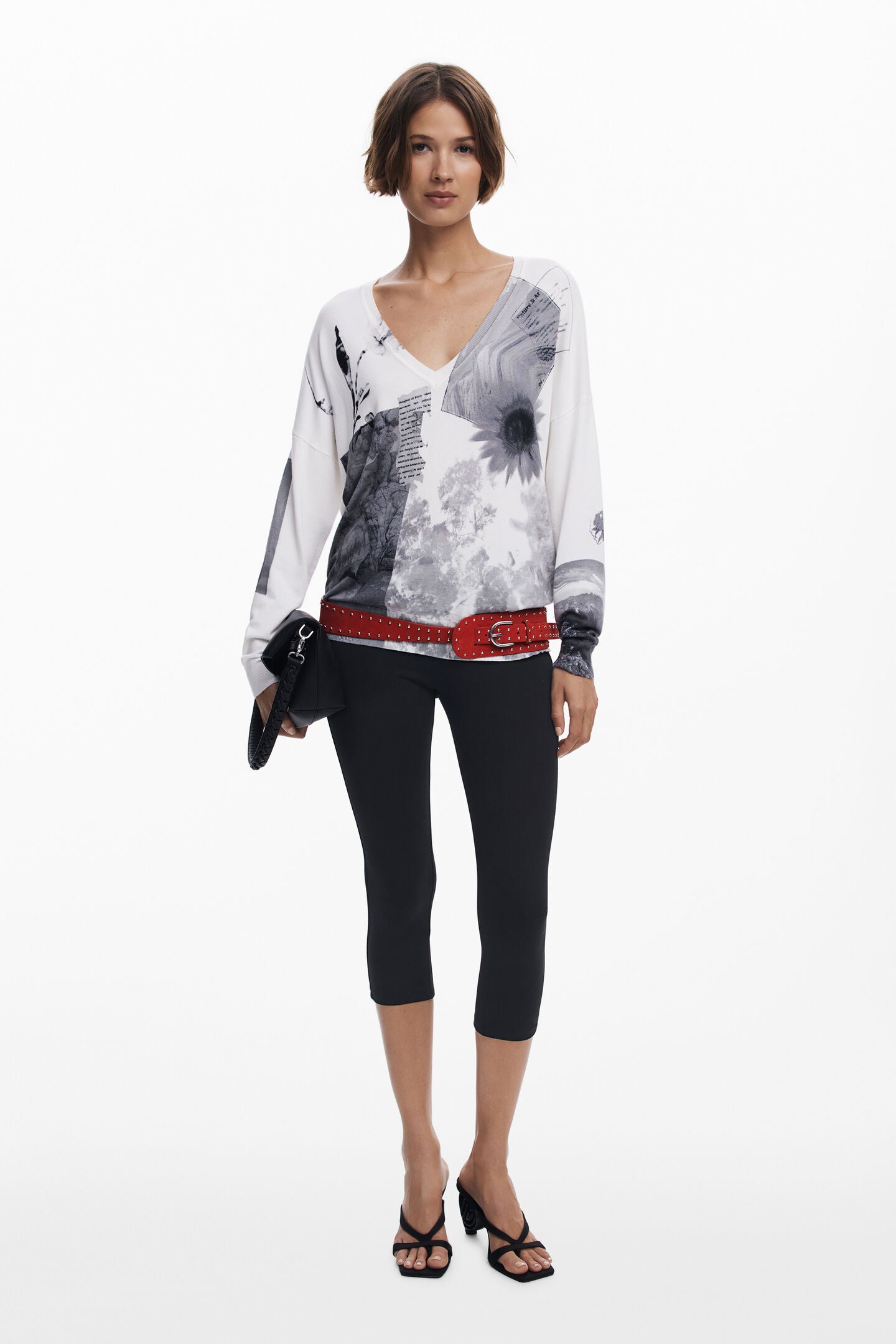 Relaxed Fit V-Neck Sweater with Photo Collage Style Print