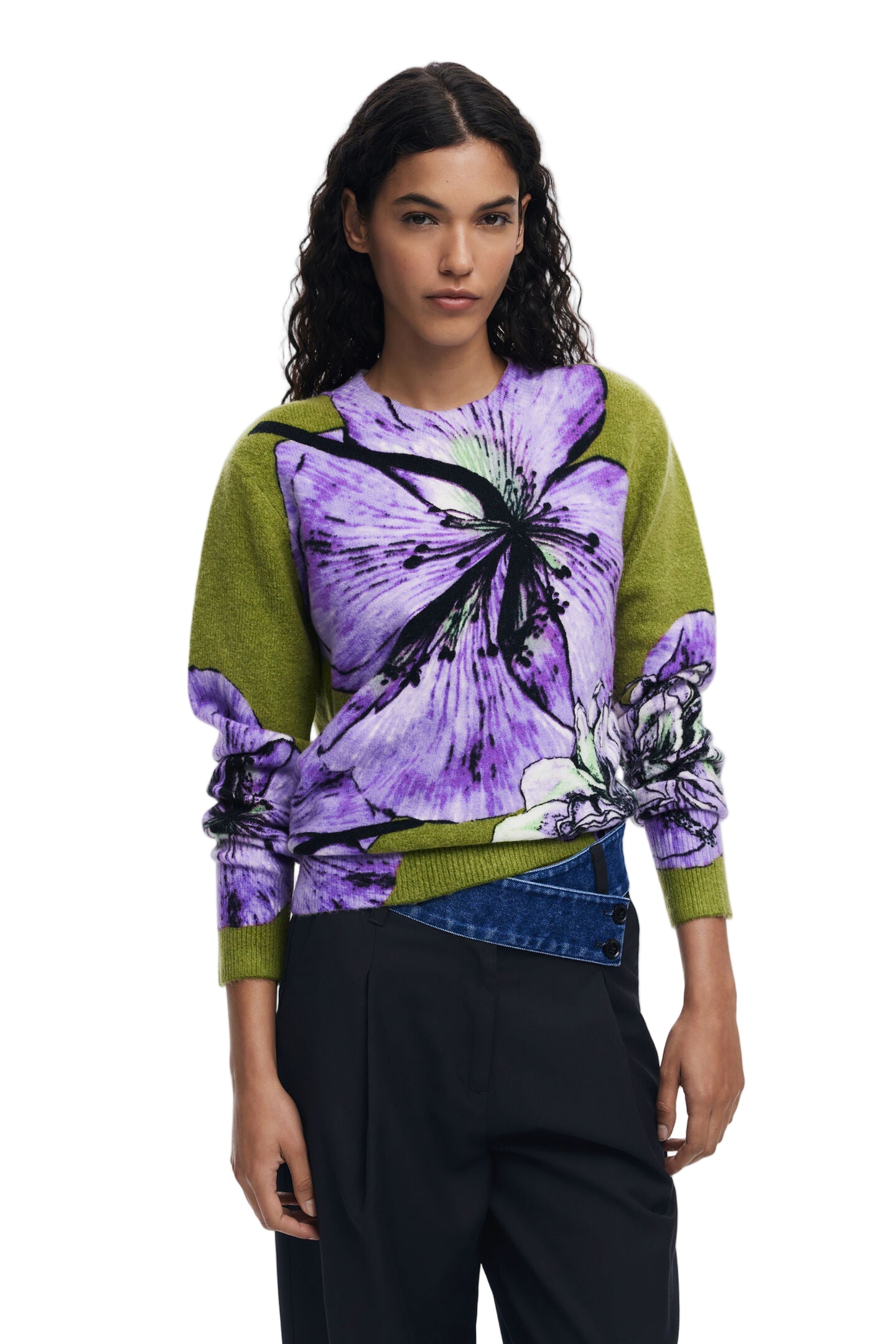L/S Round Neck Sweater with Orchid Print