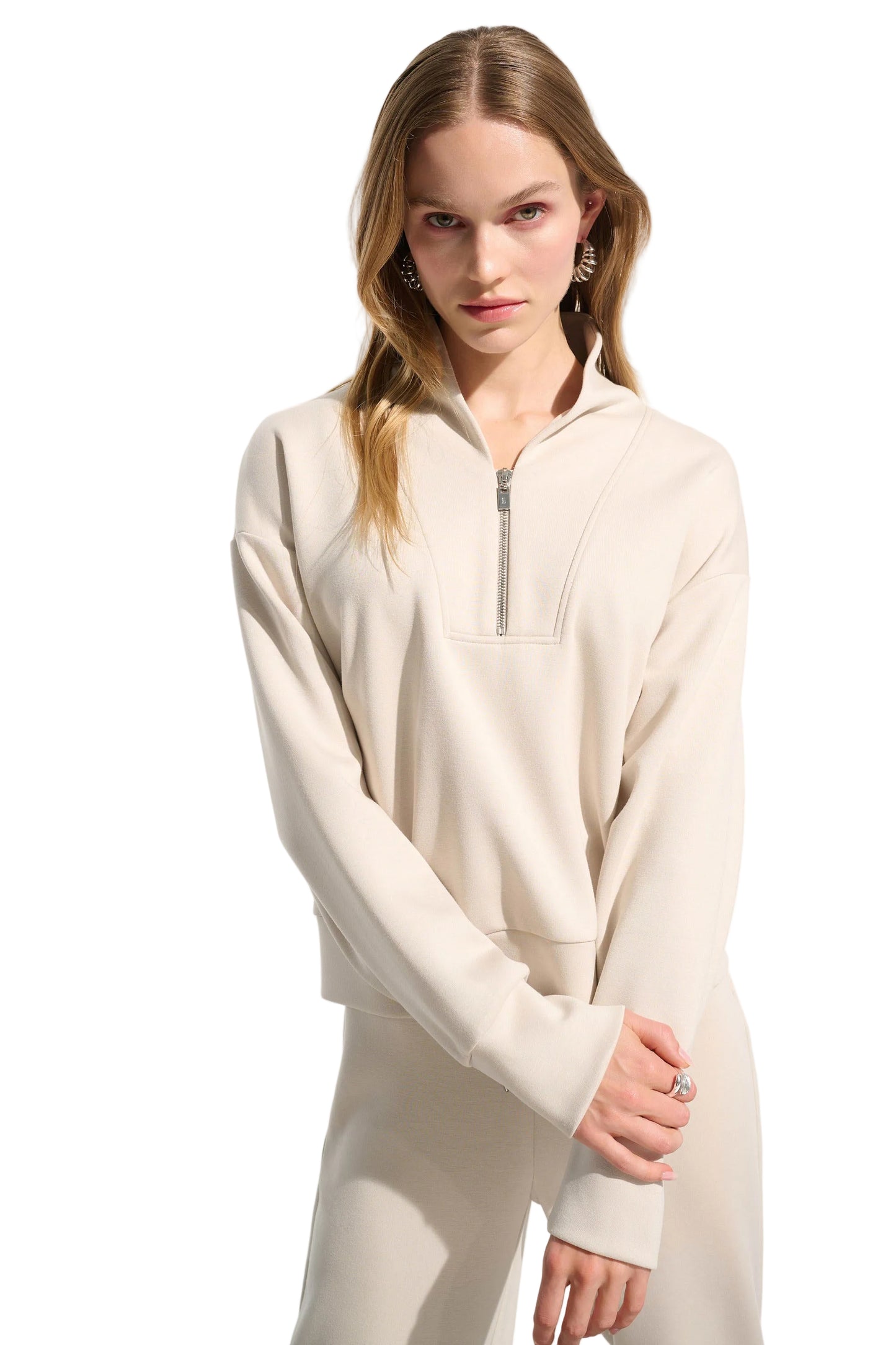 Scuba Jersey Boxy Sweatshirt With High Collar and Front Zipper