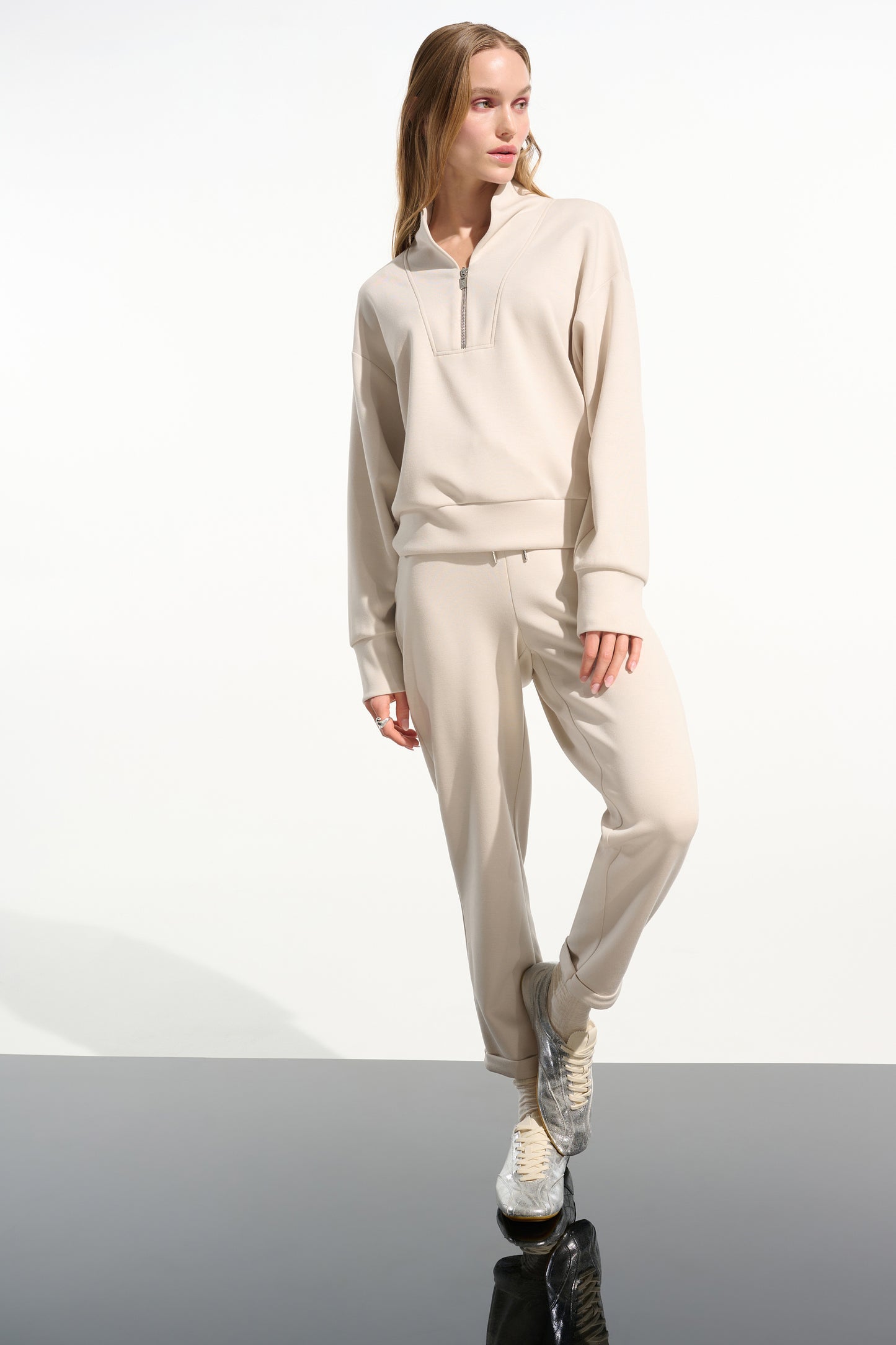 Scuba Jersey Boxy Sweatshirt With High Collar and Front Zipper