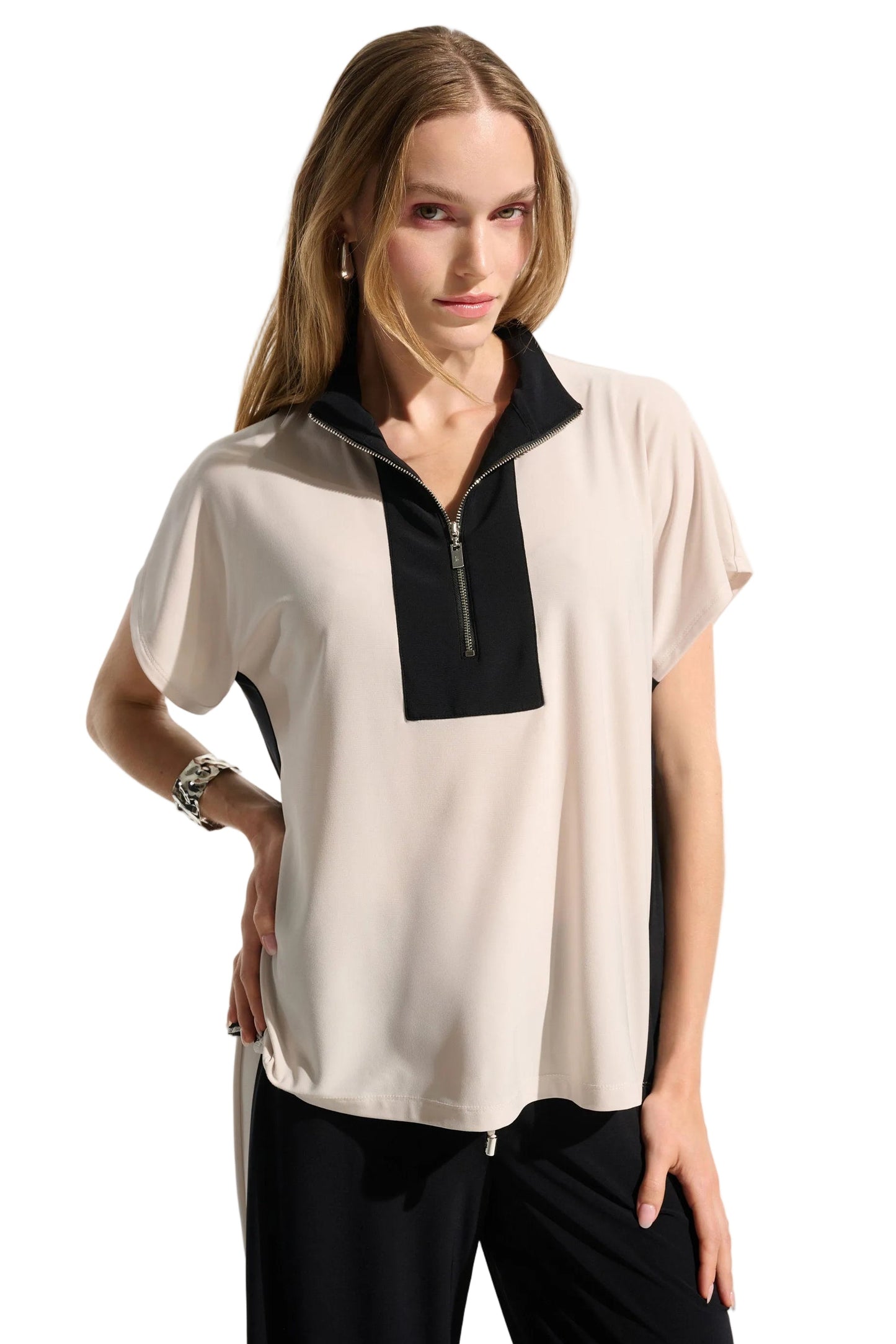 Silky Knit Color Block Straight Top With Zipped Collar