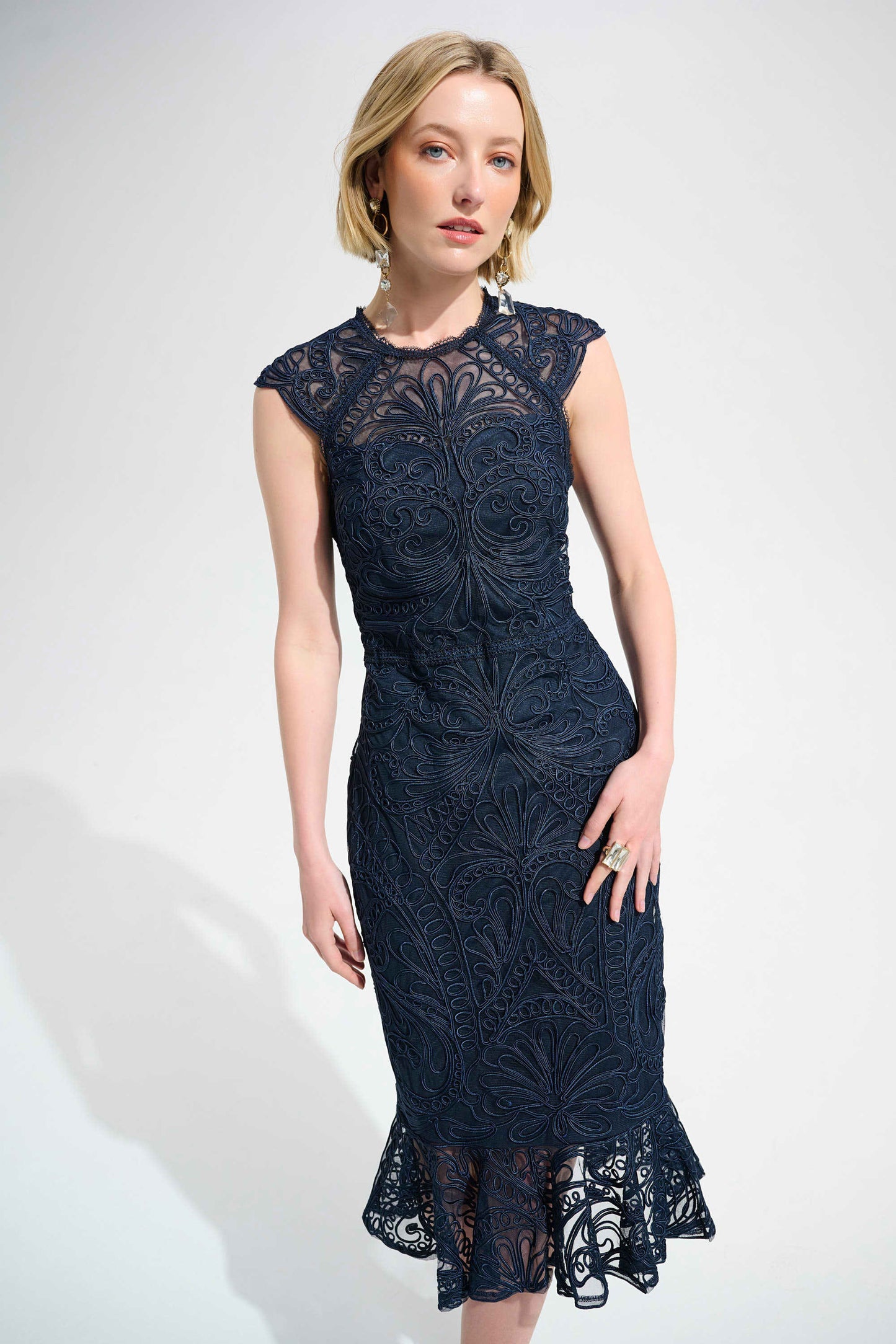 Guipure Soutache Trumpet Dress With Ruffle Hem