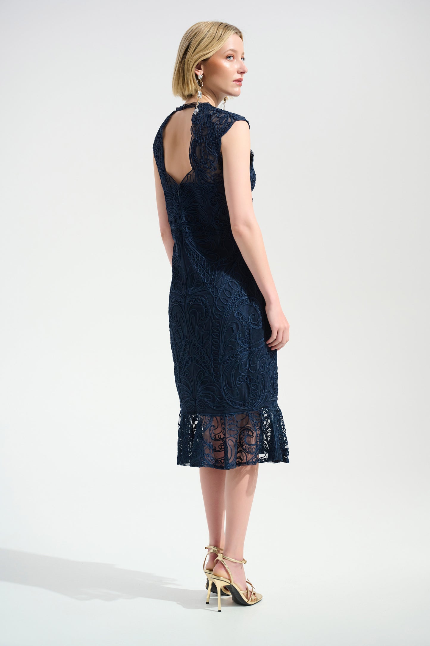 Guipure Soutache Trumpet Dress With Ruffle Hem