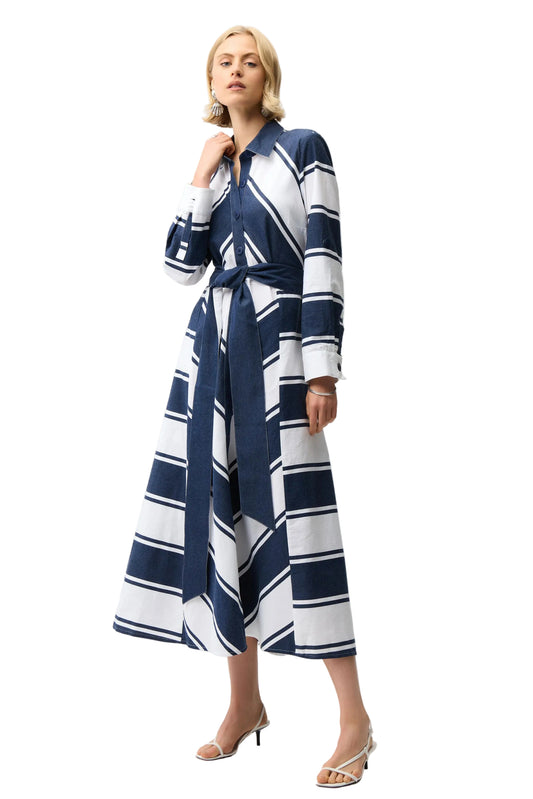 Cotton Stripe Print Fit and Flare Shirt Dress with Reversible Sash