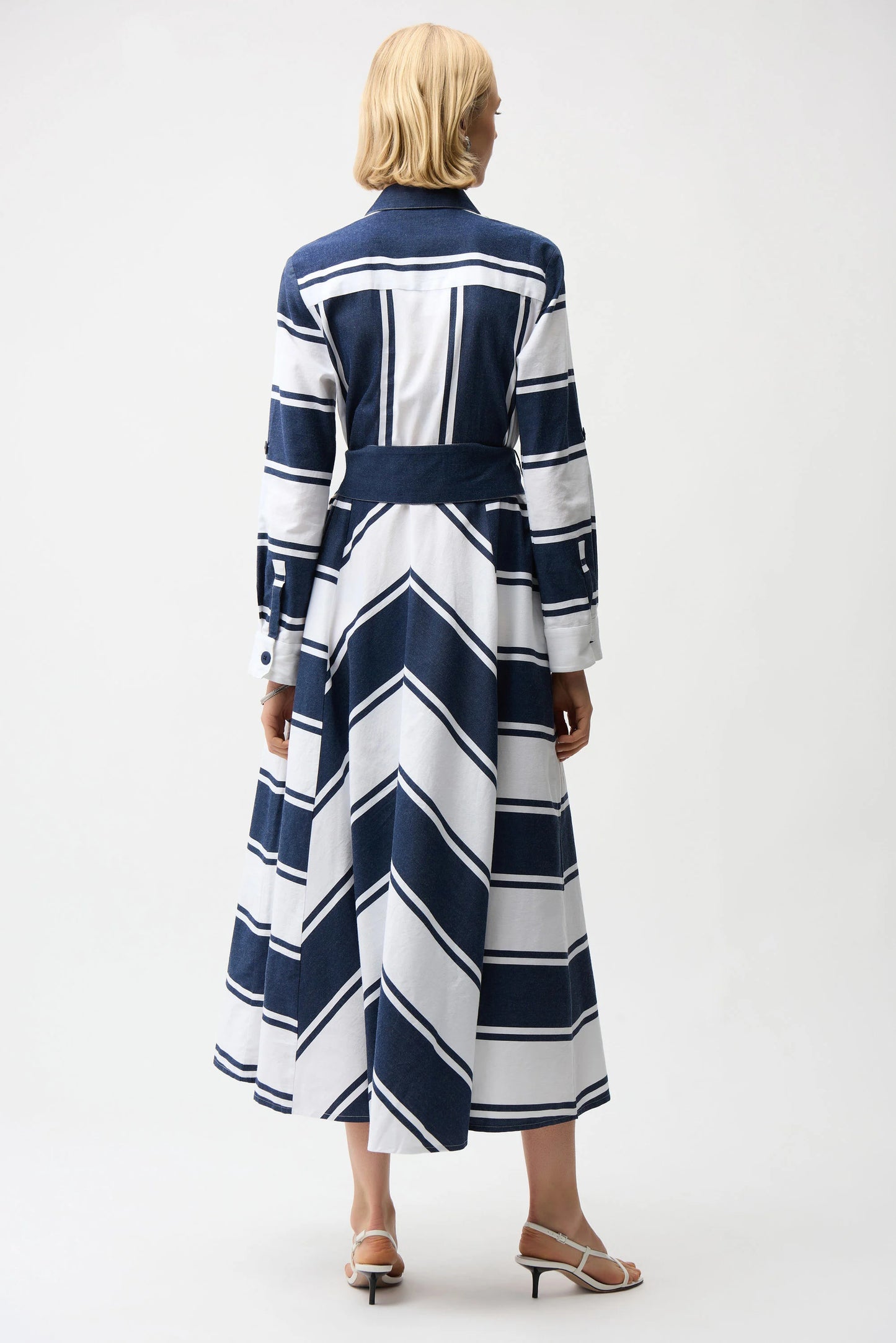 Cotton Stripe Print Fit and Flare Shirt Dress with Reversible Sash