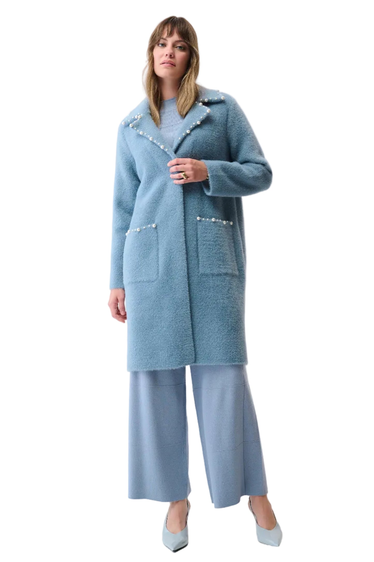 Feather Yarn Sweater Coat with Pearl Trim