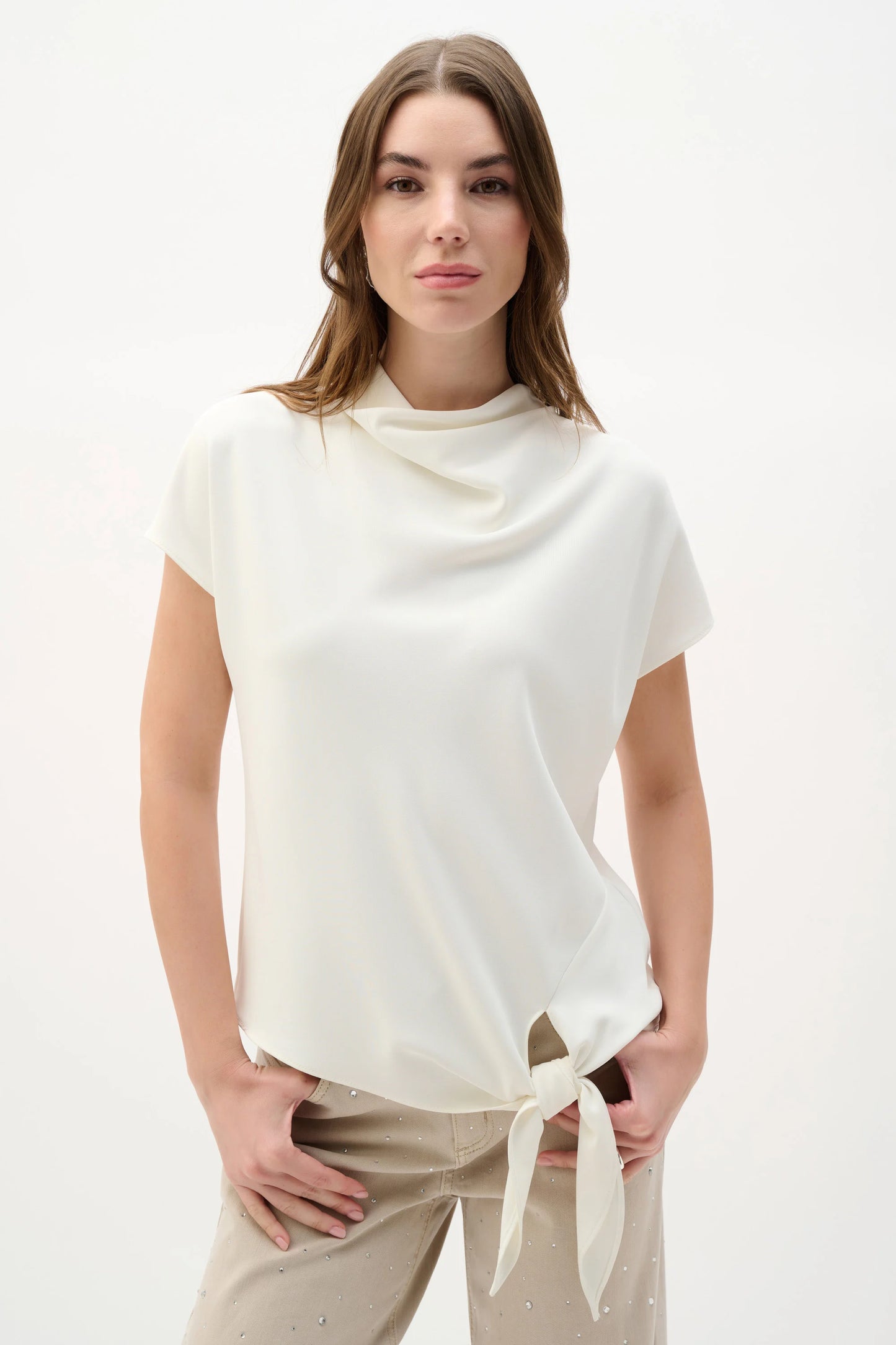 Woven Twill Boxy Top With Cowl Neck