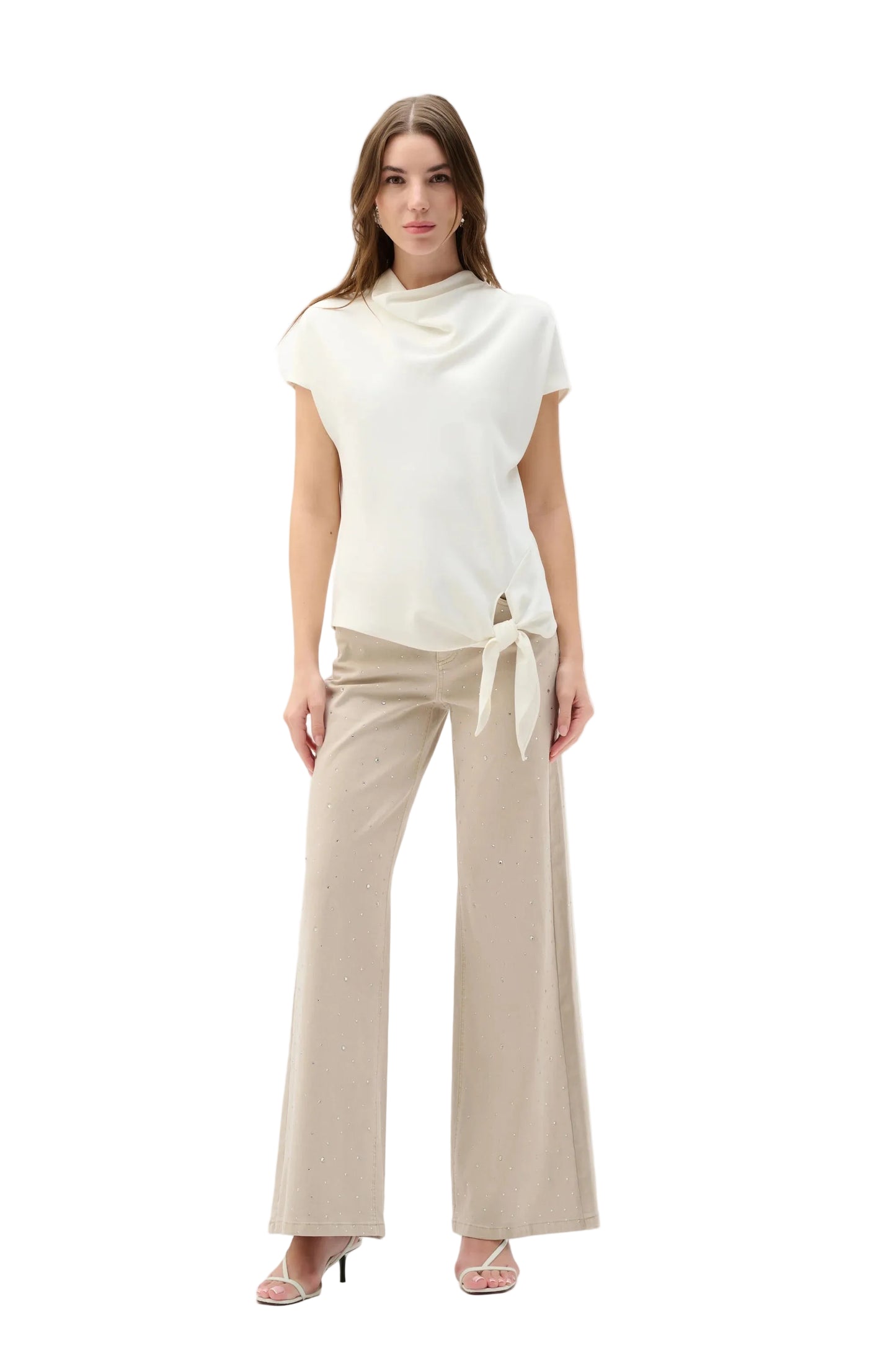 Woven Twill Boxy Top With Cowl Neck