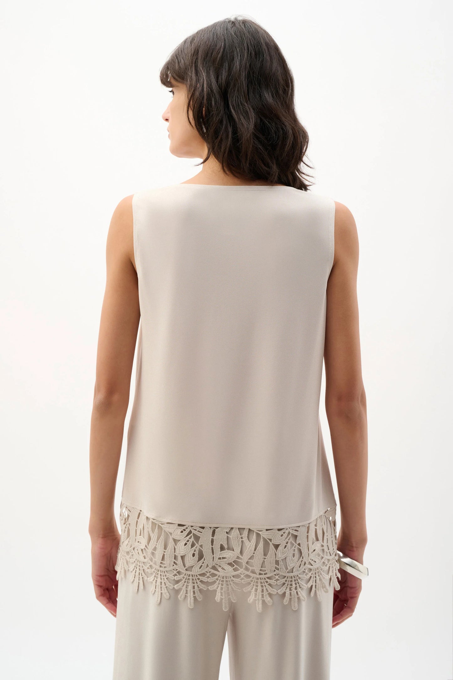 Silky Knit Sleeveless Top With Guipure Lace Hem