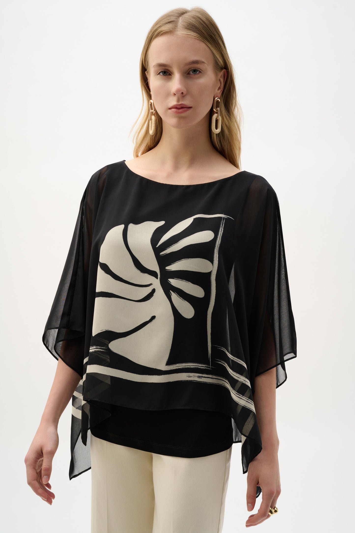 Sheer Woven Tropical Print And Silky Knit Poncho Top