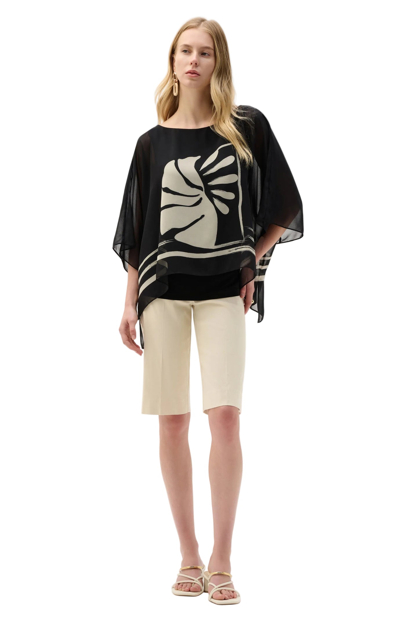 Sheer Woven Tropical Print And Silky Knit Poncho Top