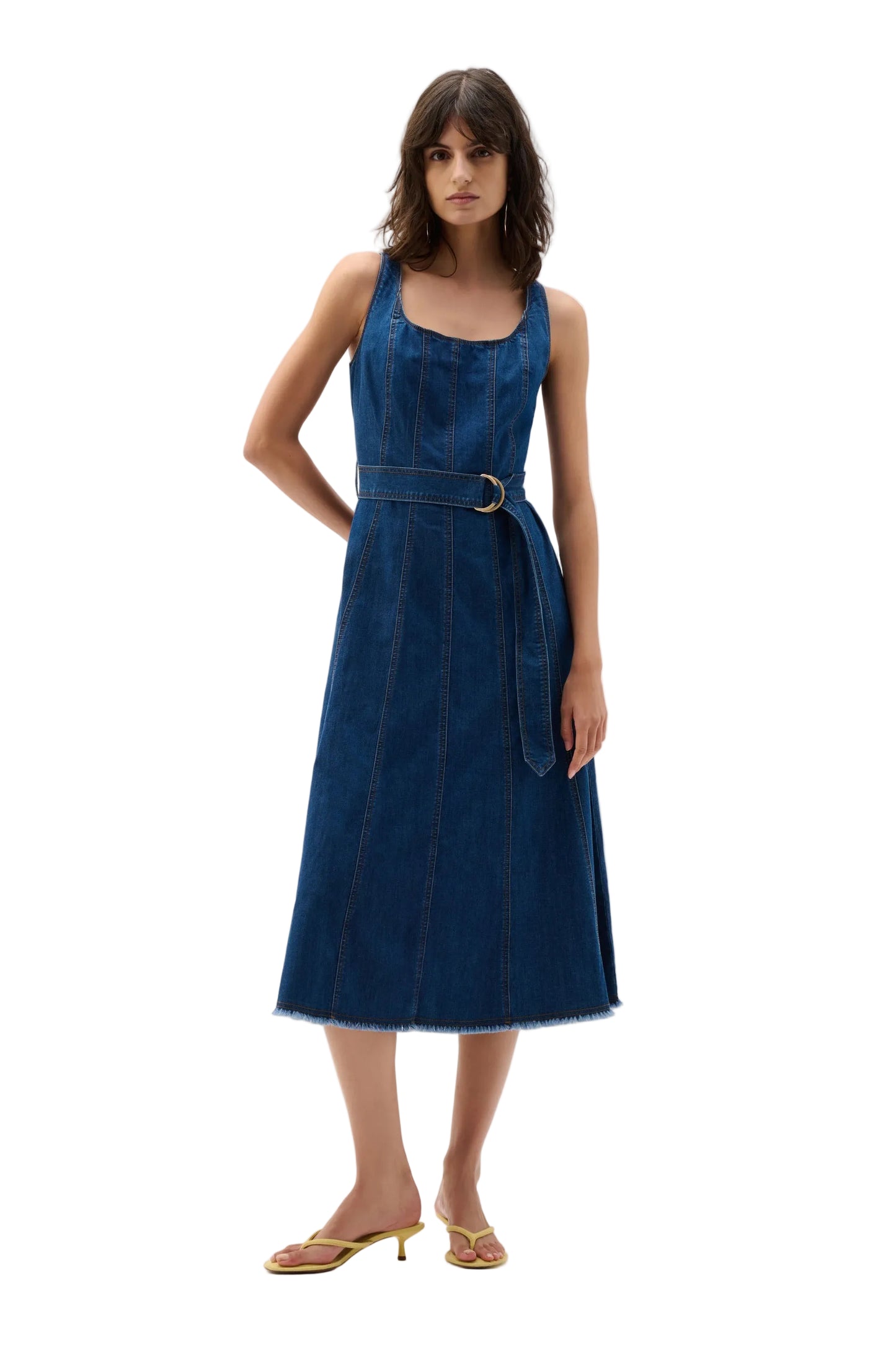 Denim Fit And Flare Midi Dress With Belt