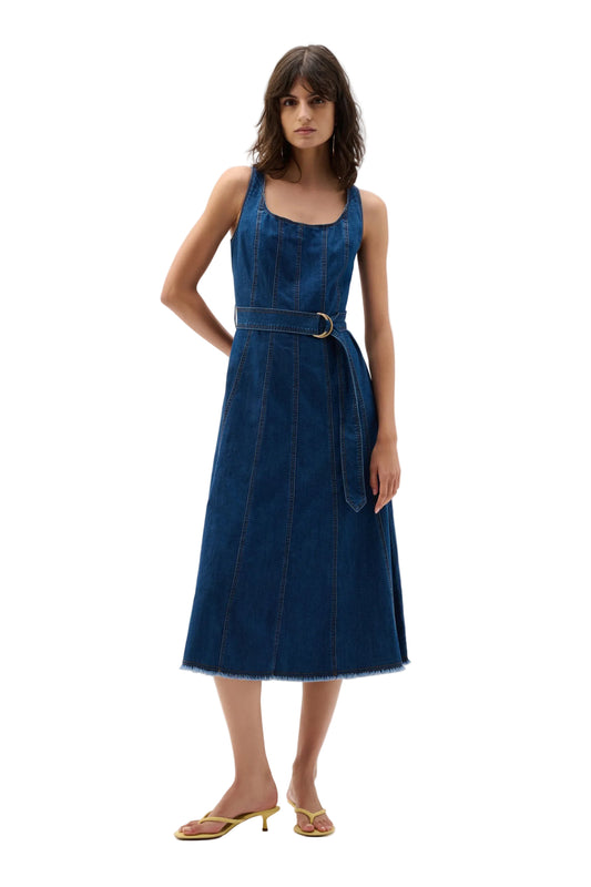 Denim Fit And Flare Midi Dress With Belt