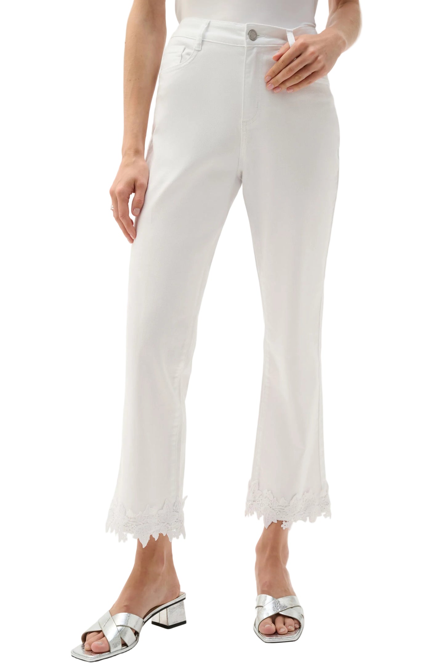 Featherweave Denim Straight Crop Jeans With Lace Applique