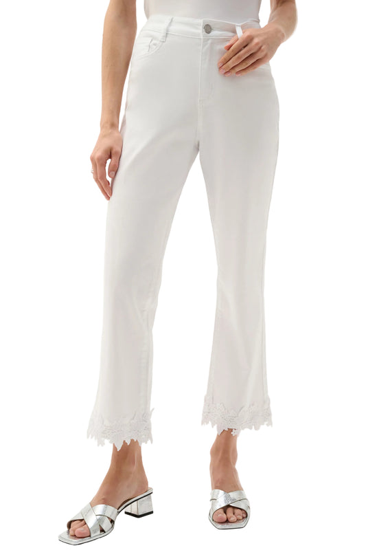 Featherweave Denim Straight Crop Jeans With Lace Applique