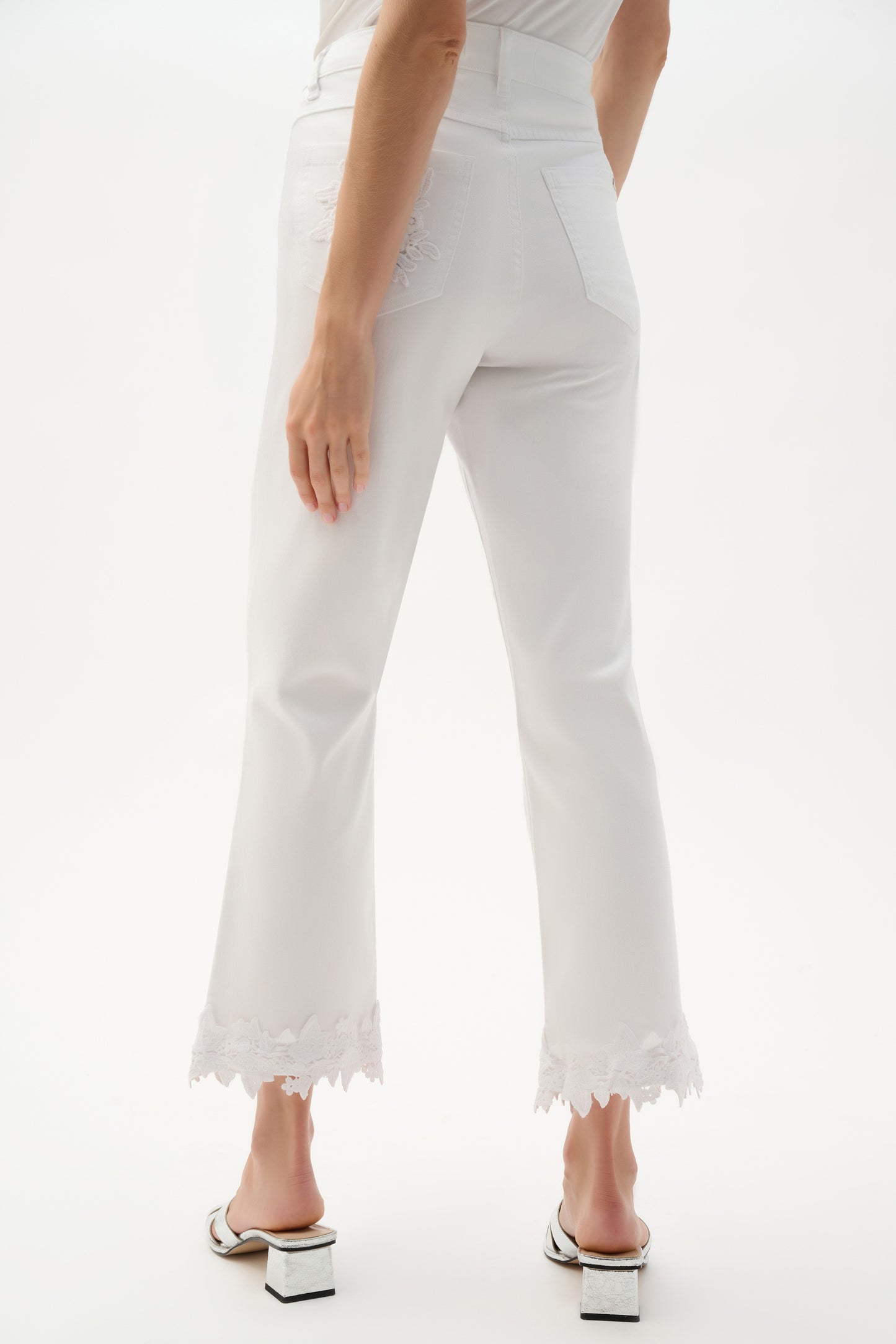 Featherweave Denim Straight Crop Jeans With Lace Applique