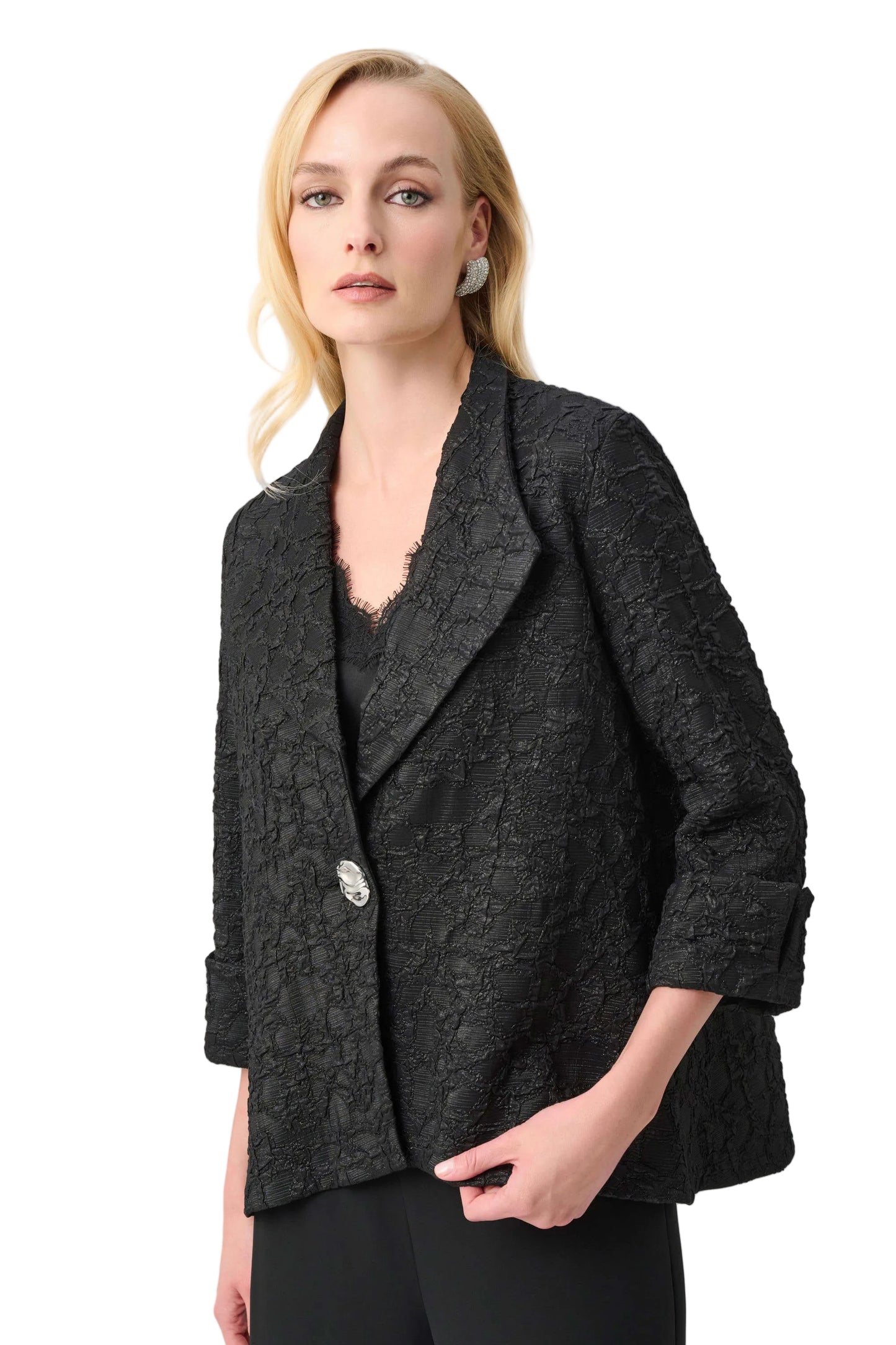 Lurex Textured Jacquard Lapel-Collar Trapeze Jacket