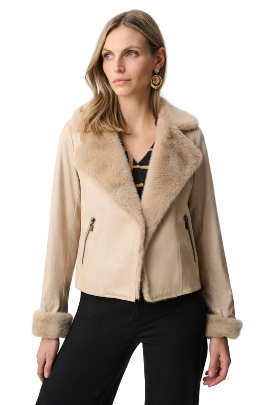 Foiled Faux Suede Jacket With Faux Fur Collar