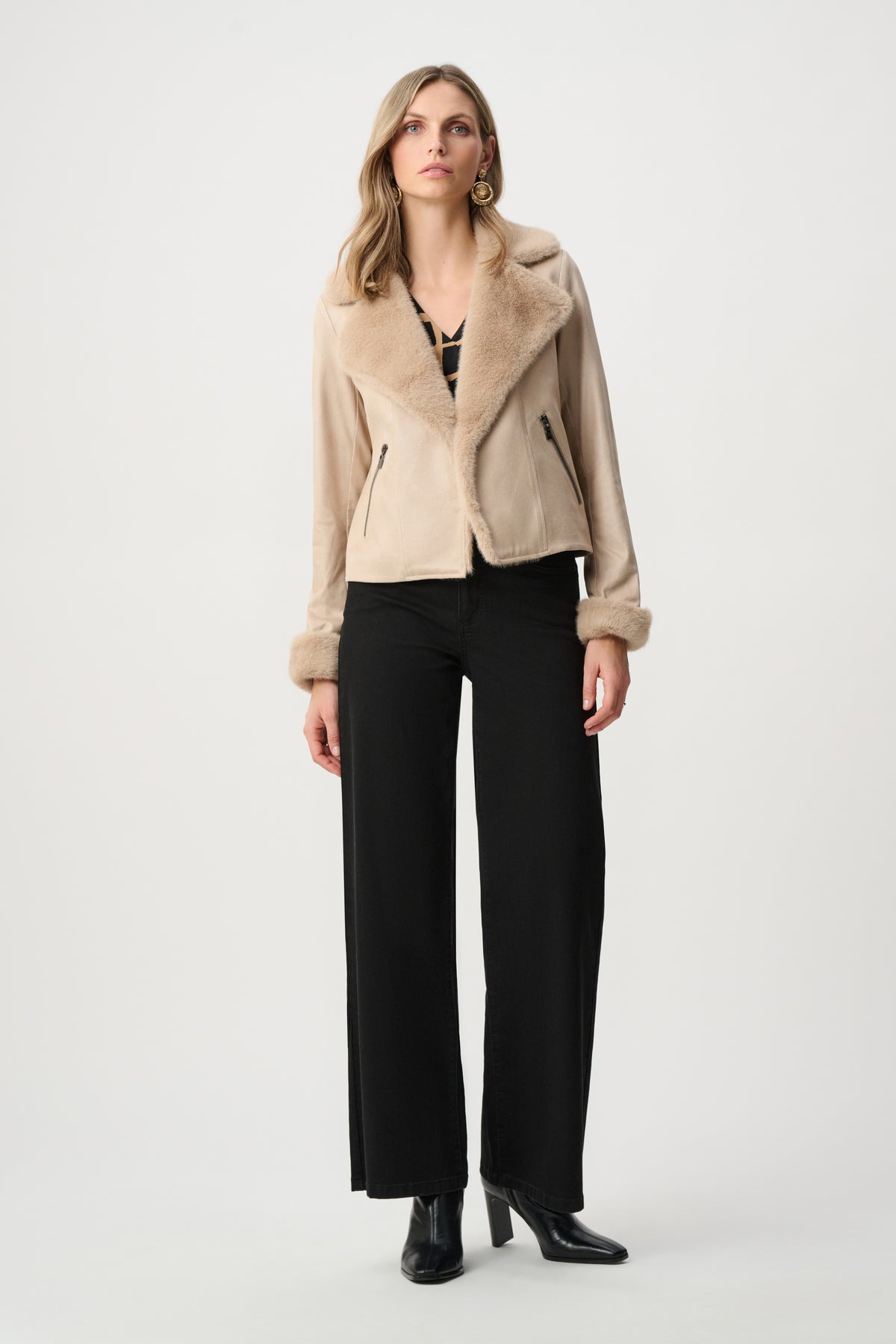 Foiled Faux Suede Jacket With Faux Fur Collar