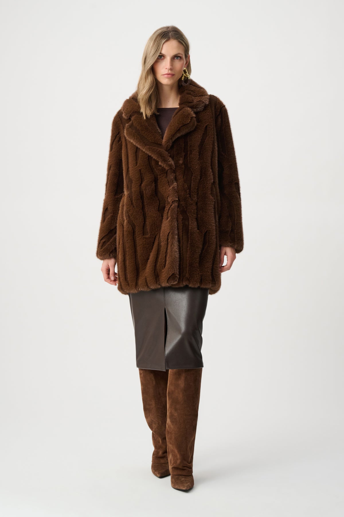 Textured Faux Fur Notch Collar Coat
