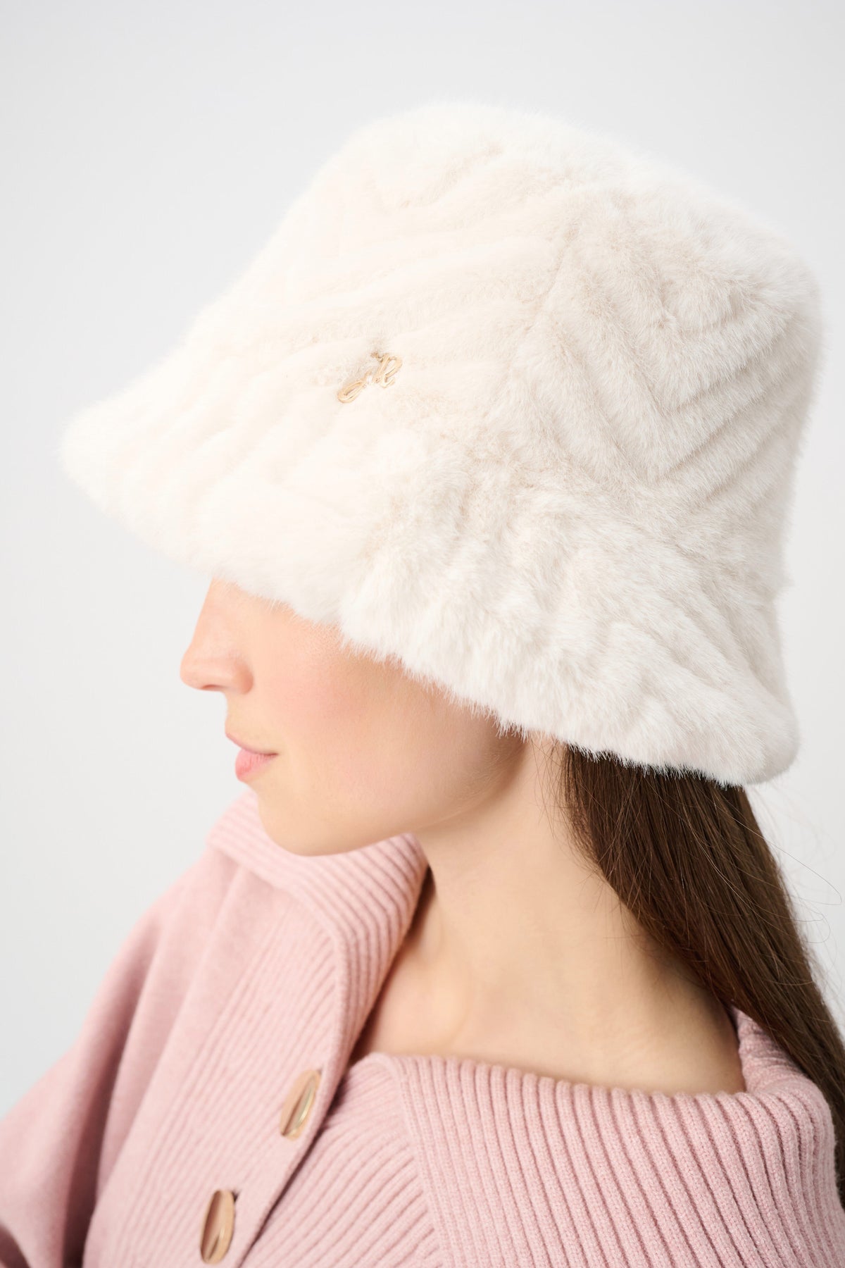 Textured Chevron Faux Fur Bucket Hat