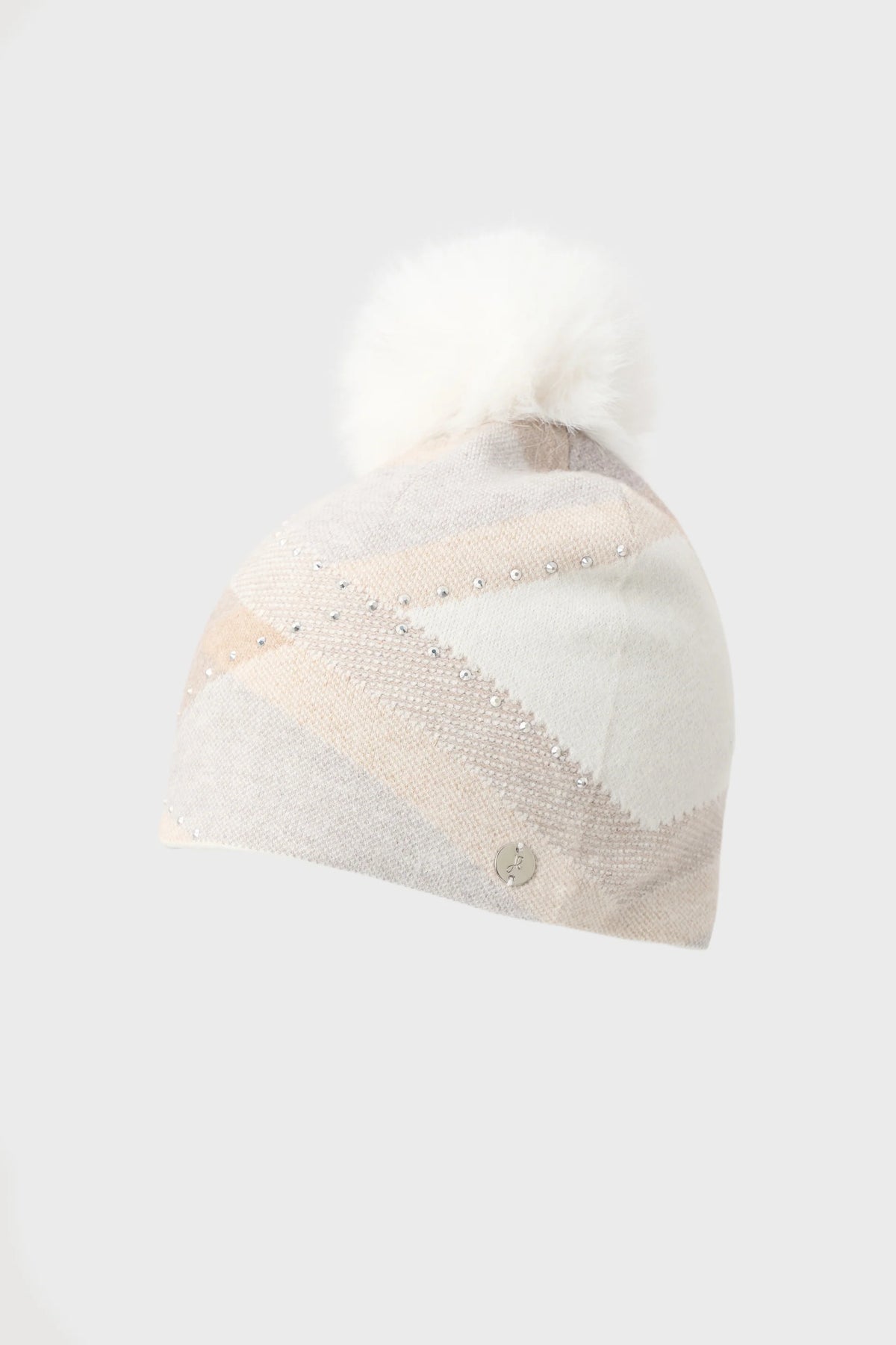 Double-Layer Knit Argyle Pattern Hat With Pompom And Rhinestone