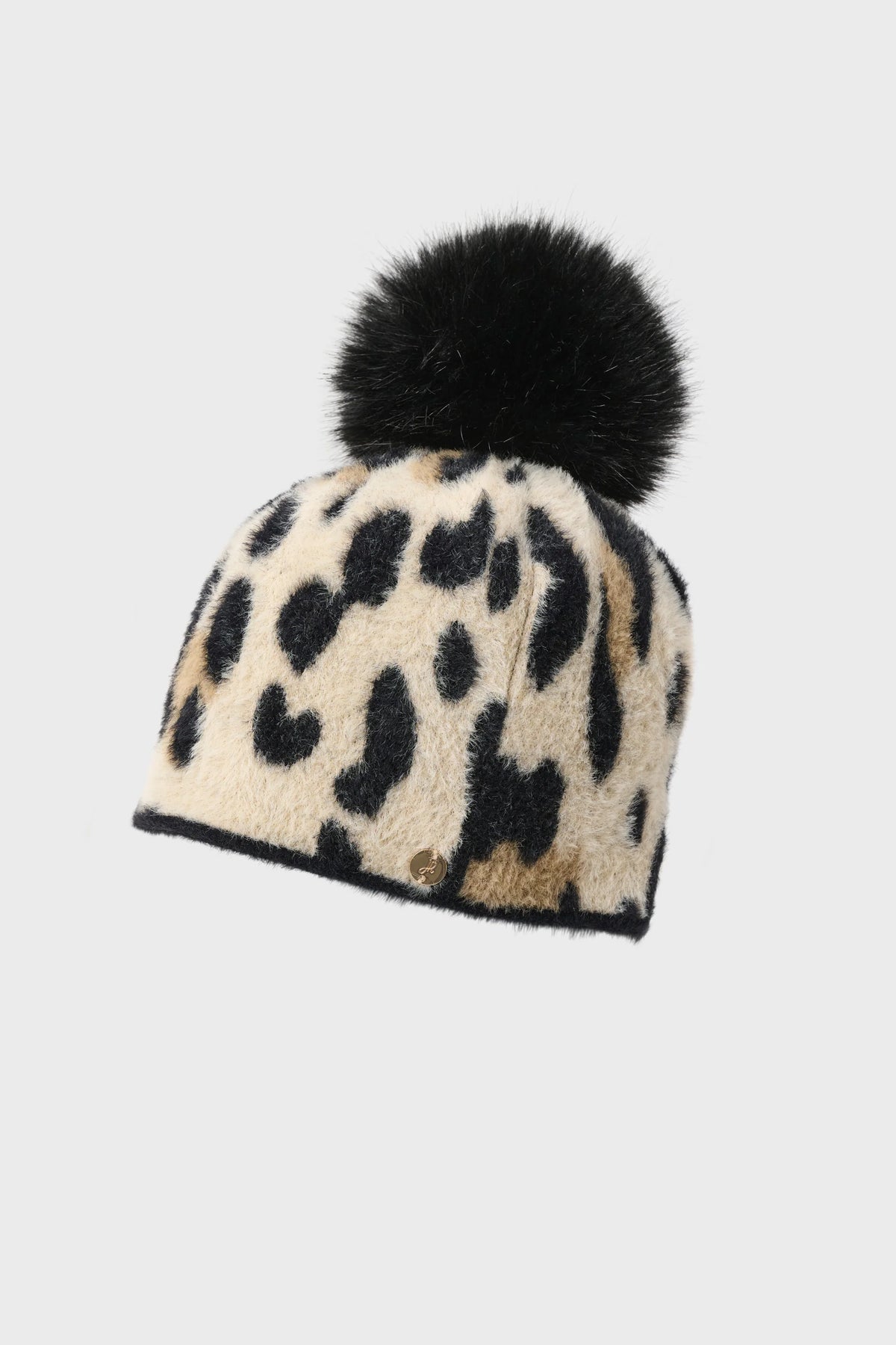 Feather Yarn Knit Animal Print Hat With Pompom