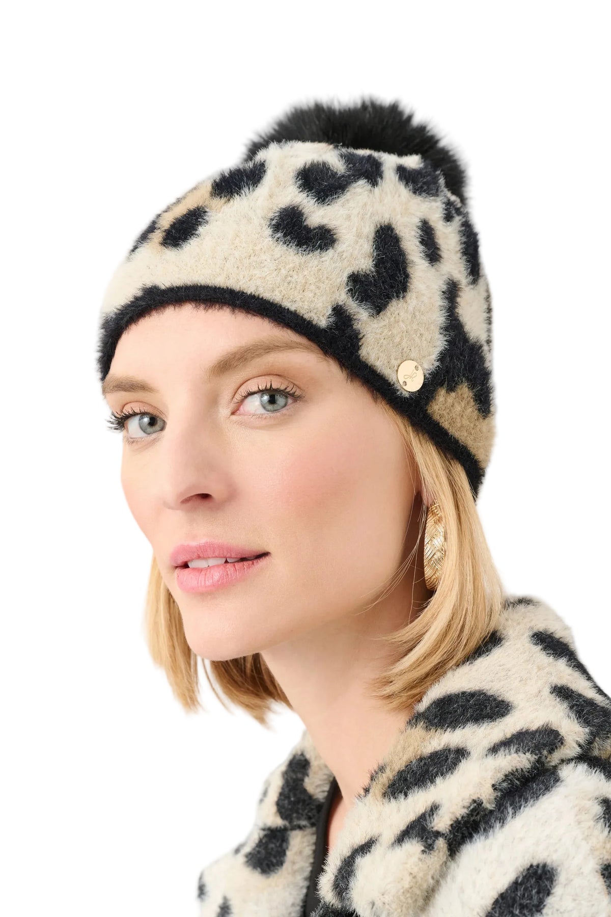 Feather Yarn Knit Animal Print Hat With Pompom