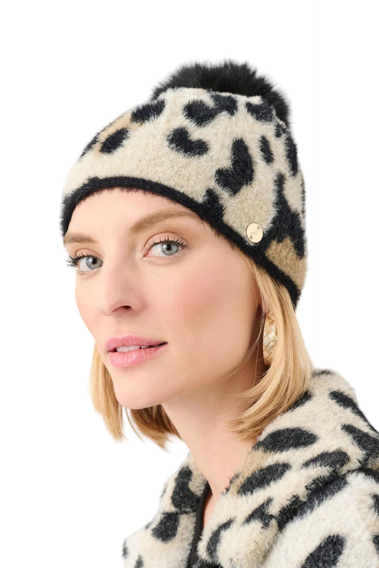 Feather Yarn Knit Animal Print Hat With Pompom