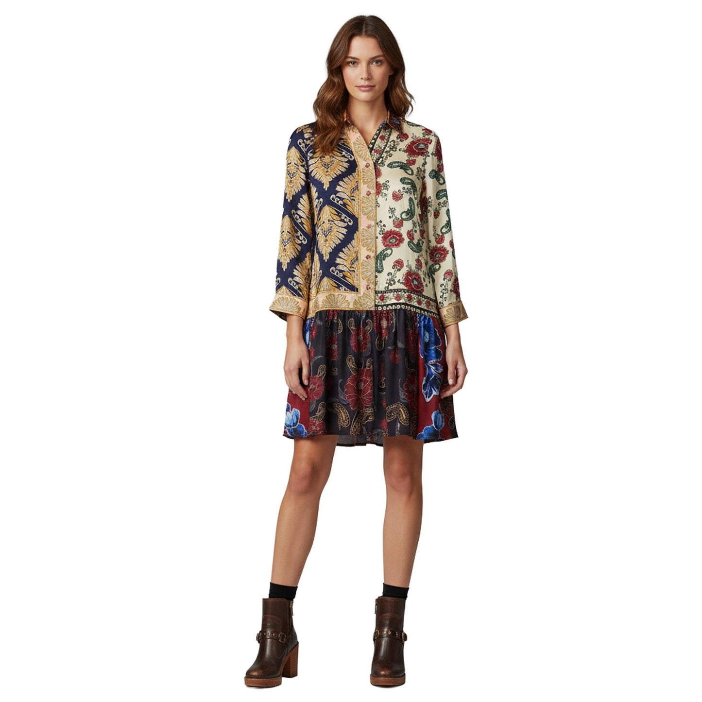 Rolled Sleeves Print Dress - Sona