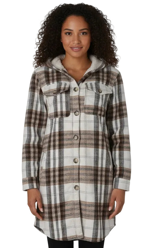 Long Hooded Button Up Plaid Shacket