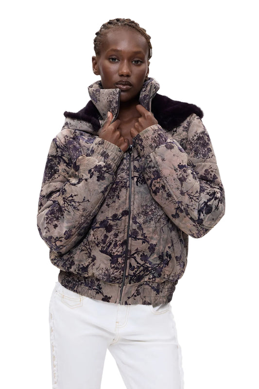 Short Padded Coat with Floral Print