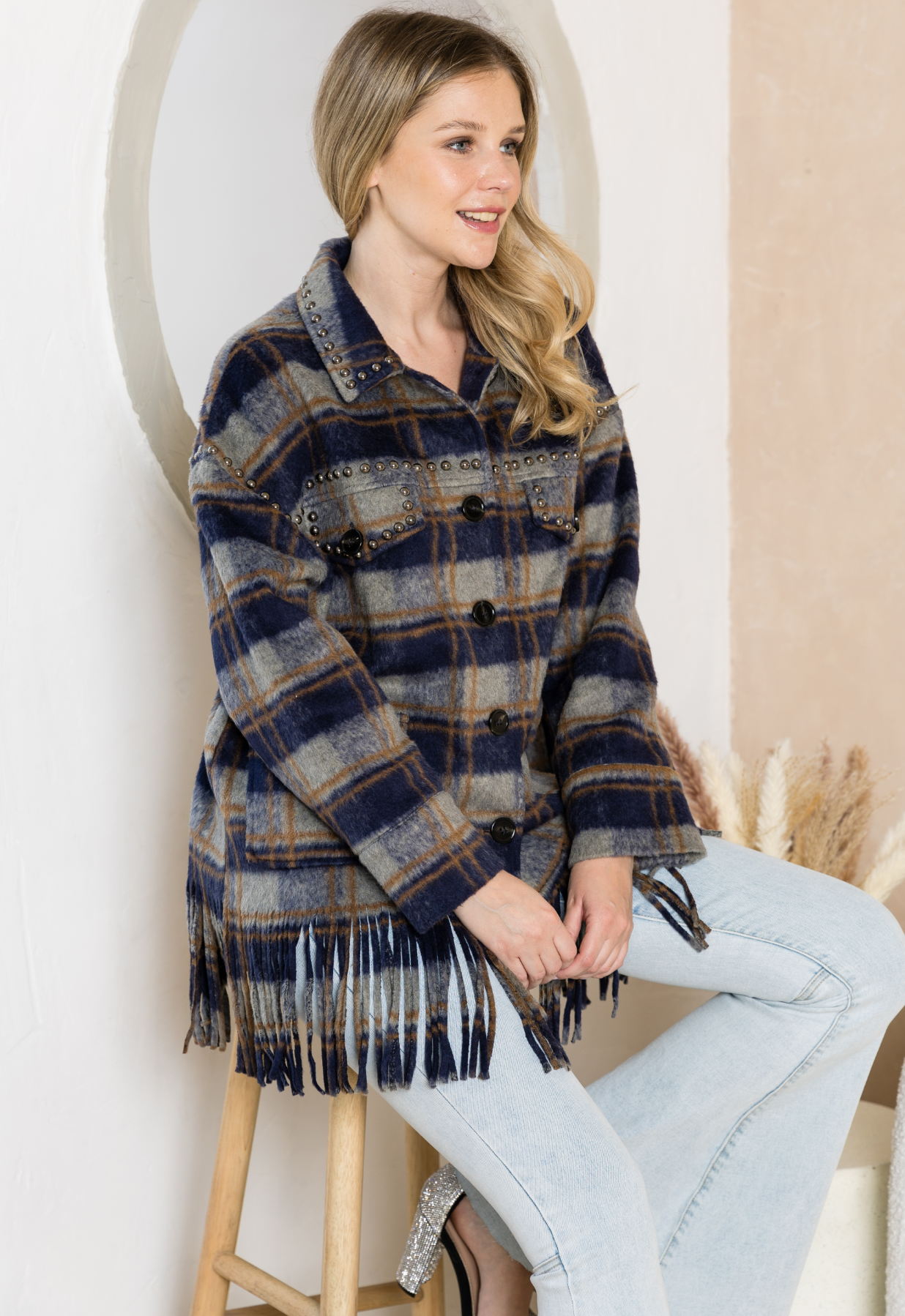 Button Up Oversized Plaid Jacket with Fringe