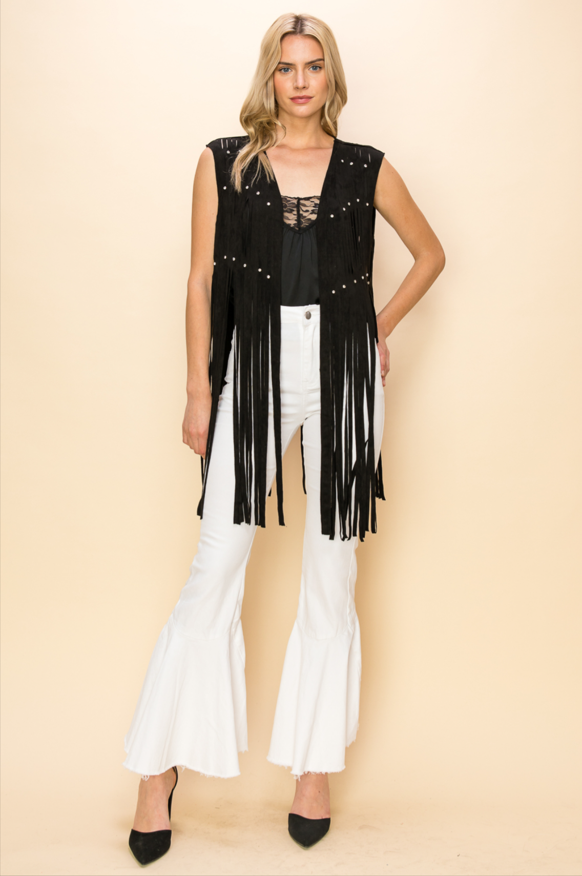 Open Front Vest with Fringe Embellished with Rhinestones