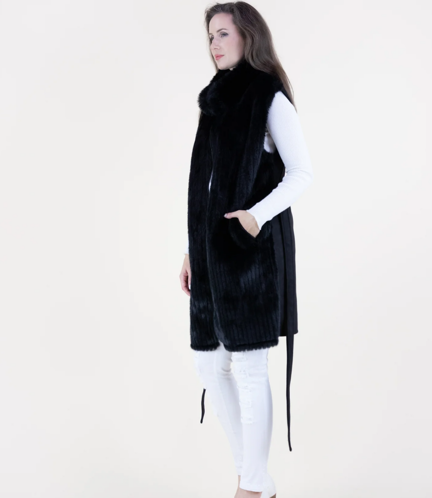 Vertical Ribbed Faux Fur Belted Vest