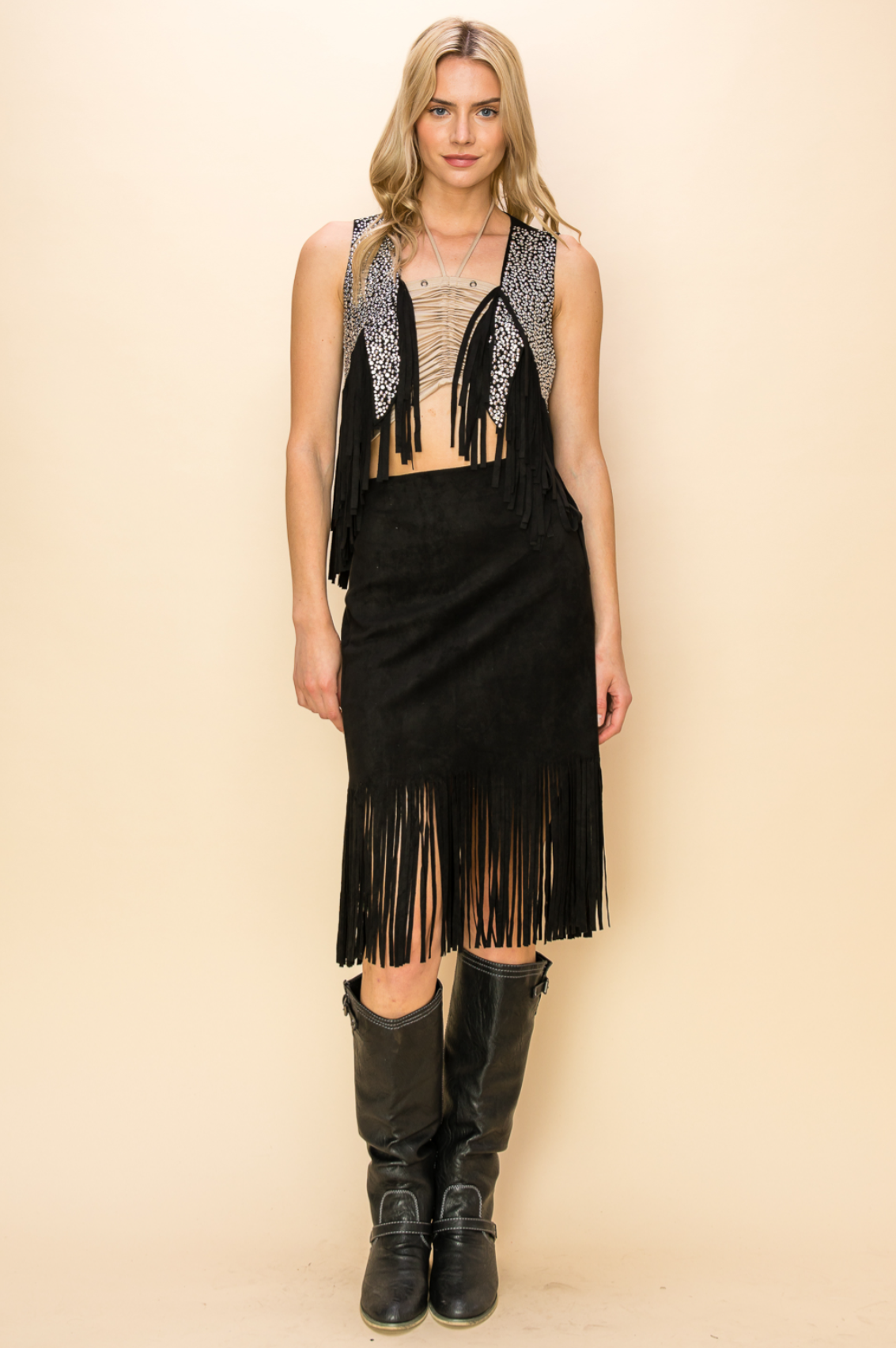 Open Front Vest with Rhinestones and Fringes