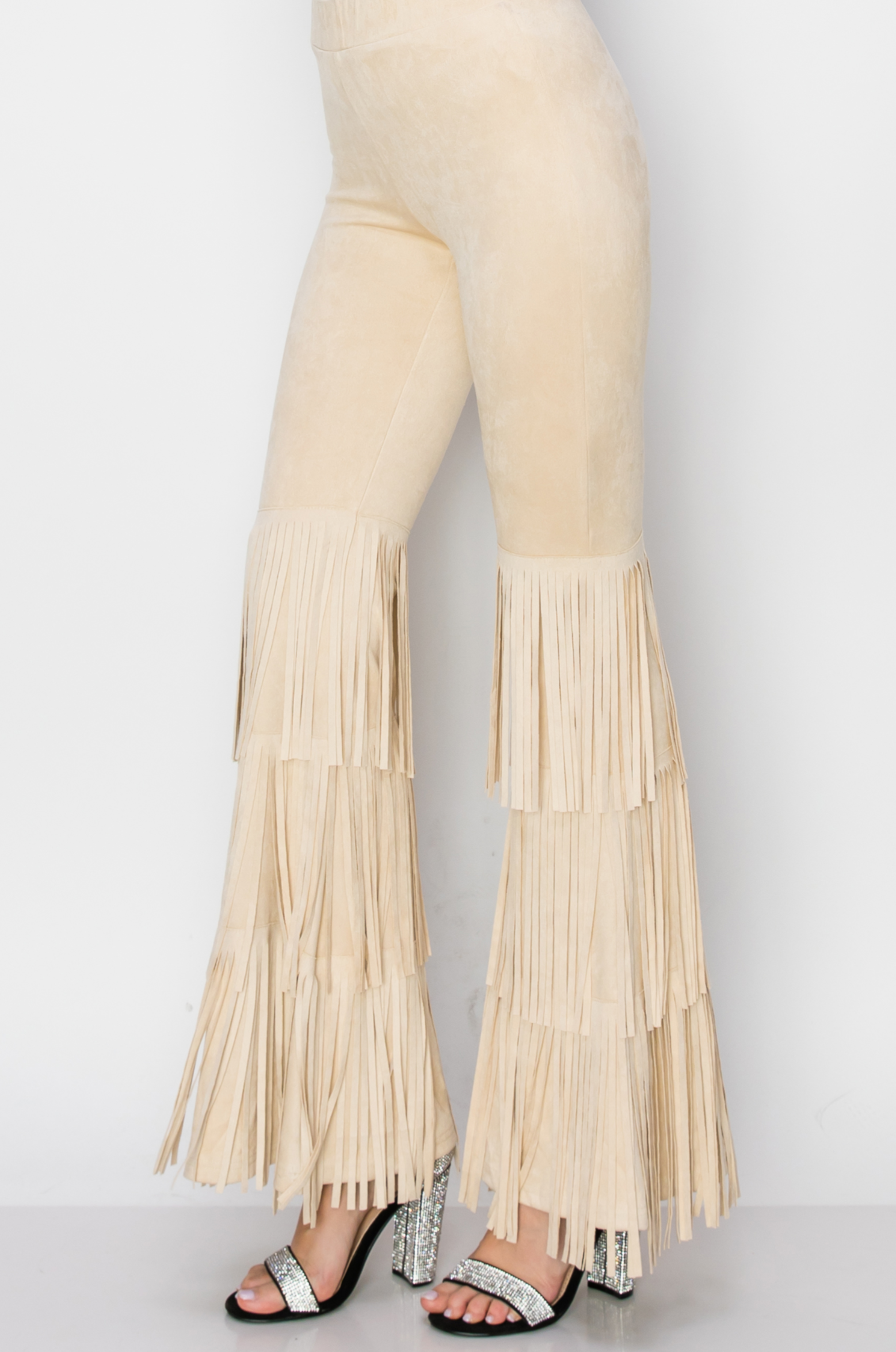 High Rise Suede Knit Bell Bottom Pants with Fringes